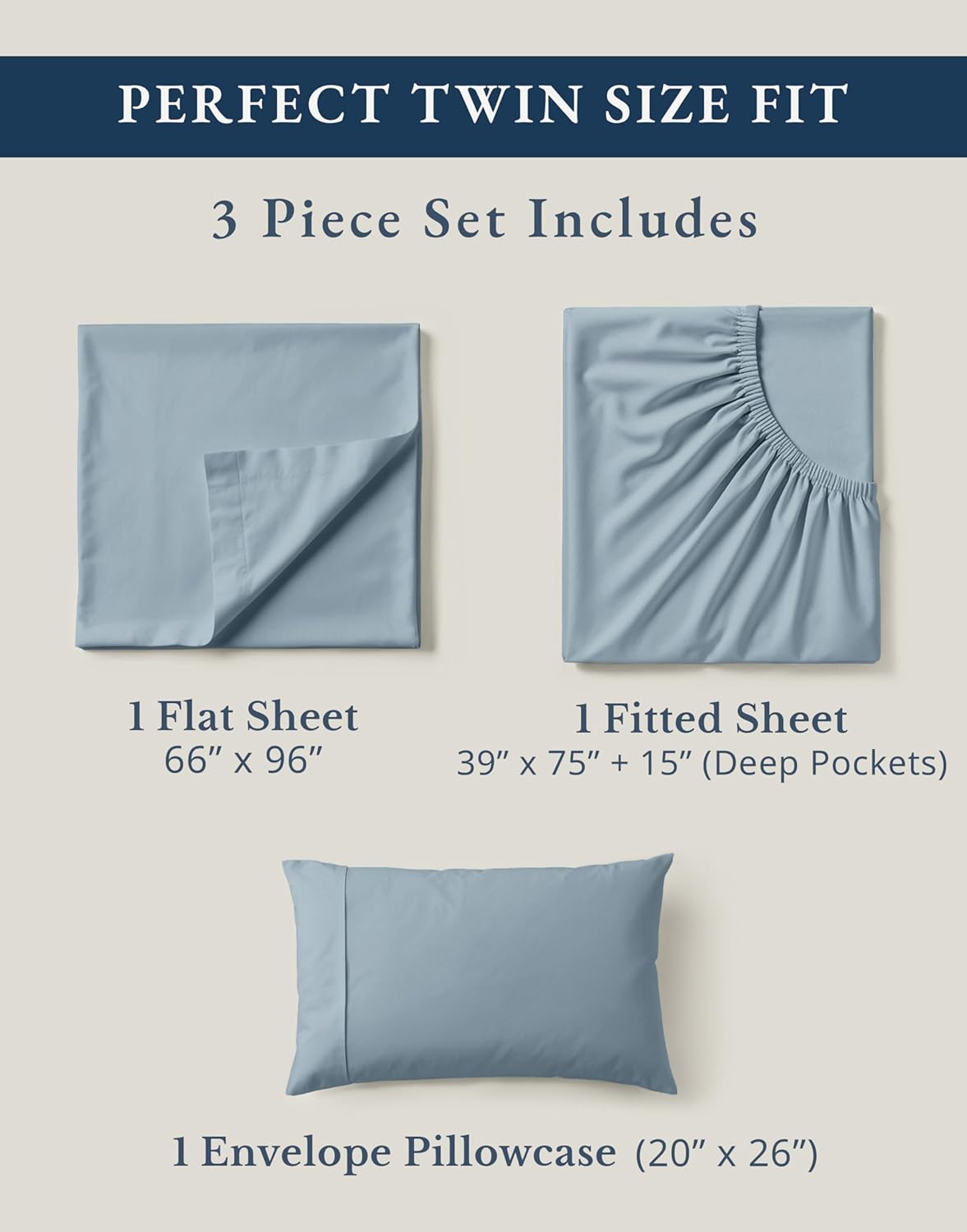 LANE LINEN 100% Organic Cotton Twin Bed Sheet Set, Mercerized Fully Elasticized Eco Friendly Sustainably Produced Bedding Sheets & Pillowcase Set, 15" Deep Pocket Twin Sheets - French Blue