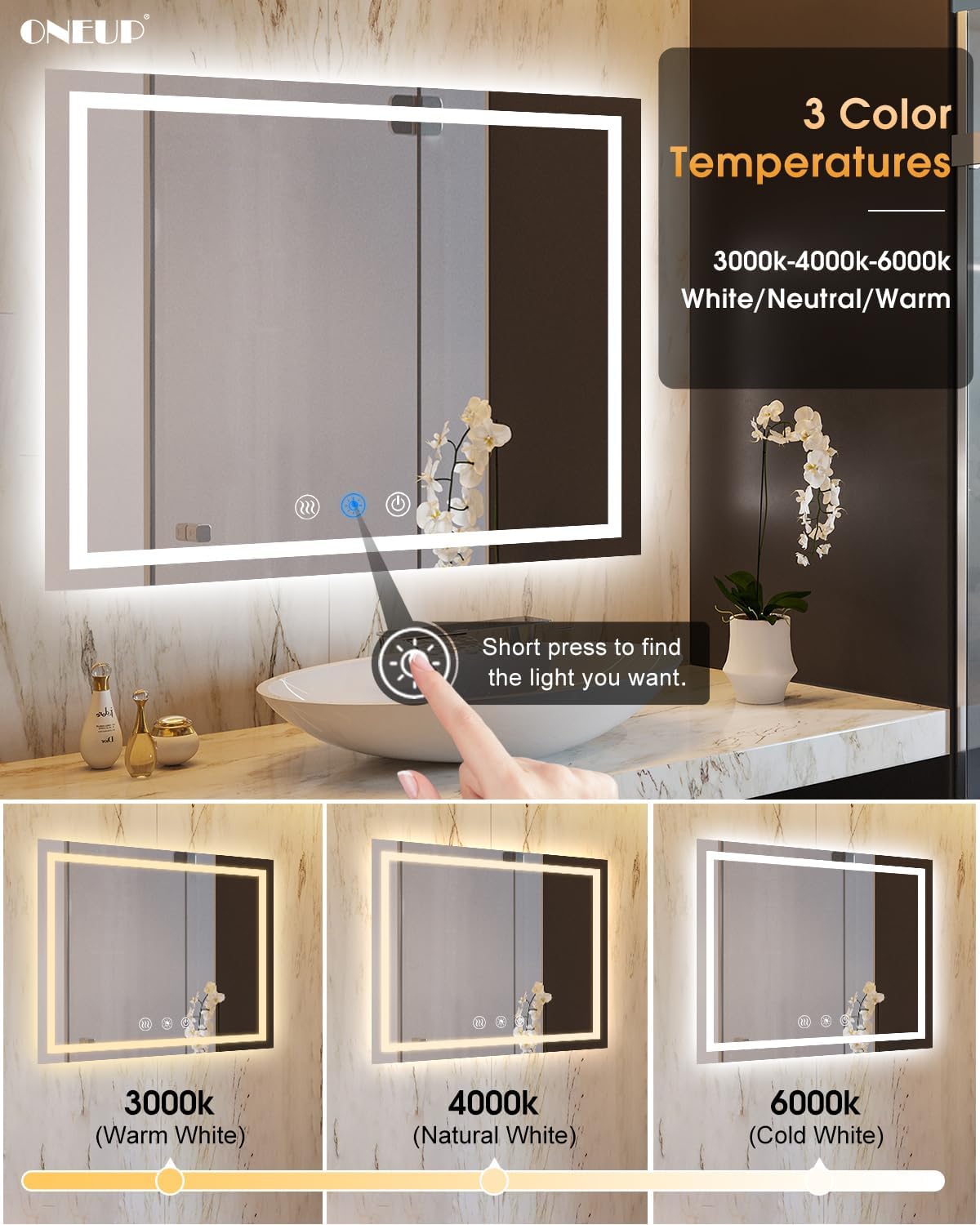 oneup 48''x40'' Bathroom Mirror with Lights,Front Lighted Bathroom Mirrors for Wall,Anti-Fog Smart Vanity Mirror,Touch Button and Memory Function,Dimmable 3-Color Lights