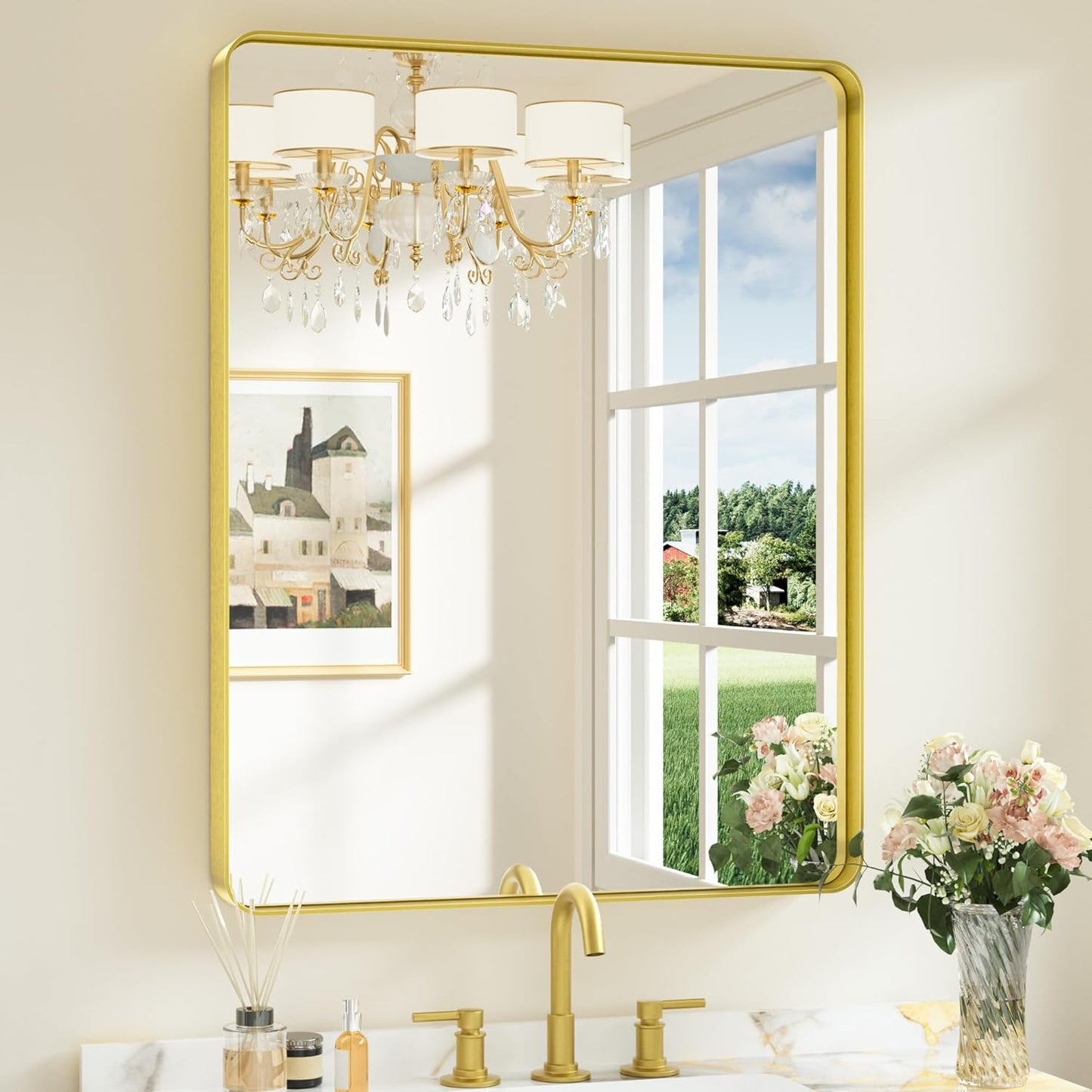 Keonjinn Gold Bathroom Mirrors for Over Sink, 28” x 36” Rounded Rectangle Brushed Gold Vanity Mirror, Anti-Rust Brass Mirror with HD Tempered Glass, Decorative Farmhouse Mirrors, Horizontal/Vertical