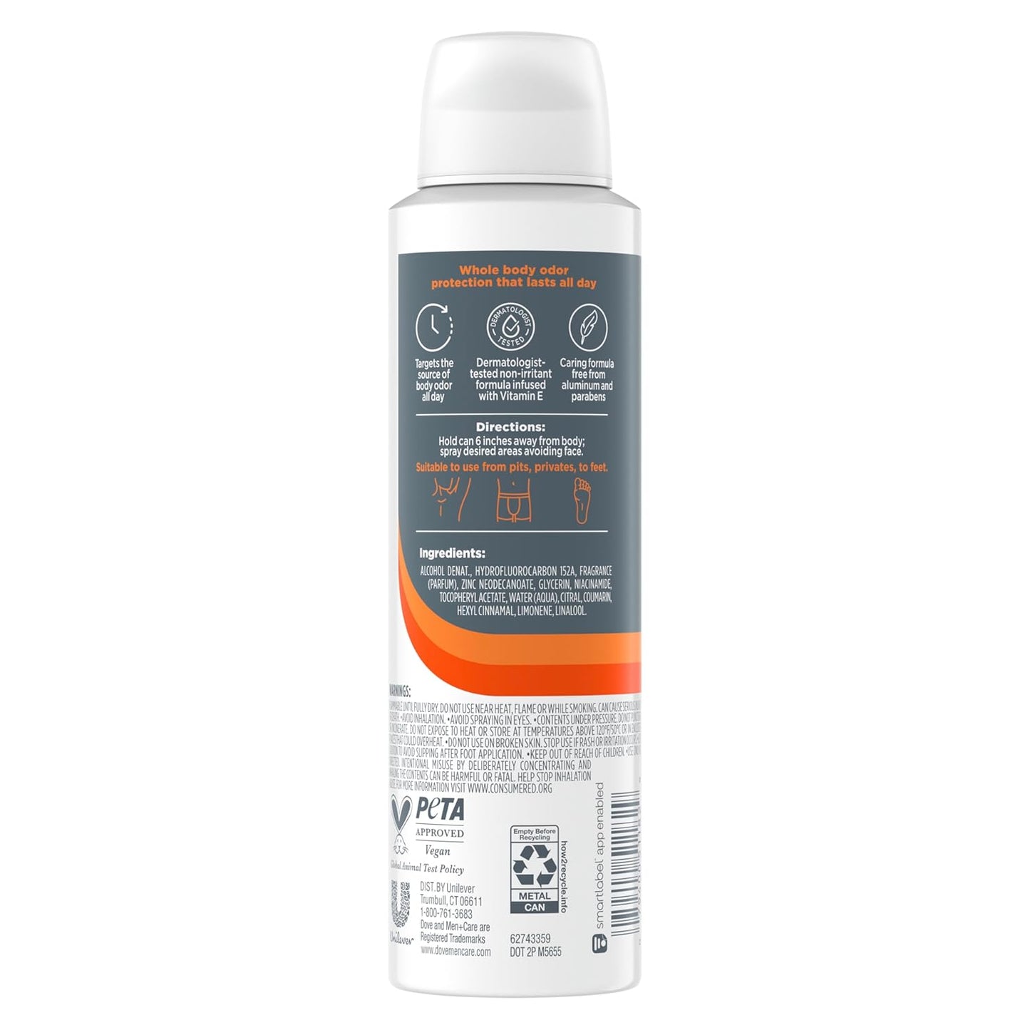 Dove Men+Care Whole Body Deo Aluminum-Free Deodorant Spray Shea Butter + Cedar Suitable from Pits, Privates, to Feet with Vitamin E 4 oz