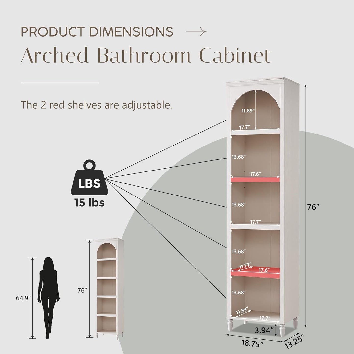 76" Tall Arched Bathroom Storage Cabinet, 5 Tiers Narrow Farmhouse Arched Cabinet w/Adjustable Shelves, Modern Wooden Storage Cabinet for Bathroom, Living Room, Entryway, Study Room (Cream)