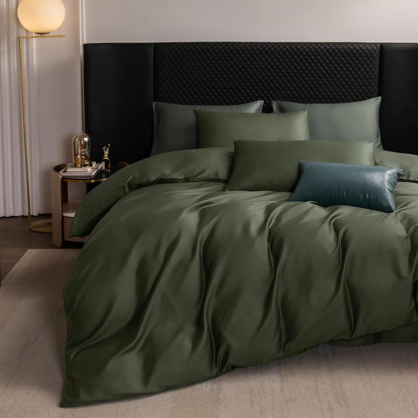 MooMee Duvet Cover Set 100% Extra Long Staple Cotton 600 Thread Count Silky Sateen Smooth Luxury Soft Breathable Durable Hotel Quality Bedding, 3 Pieces (Olive Green, Queen 90"x90")
