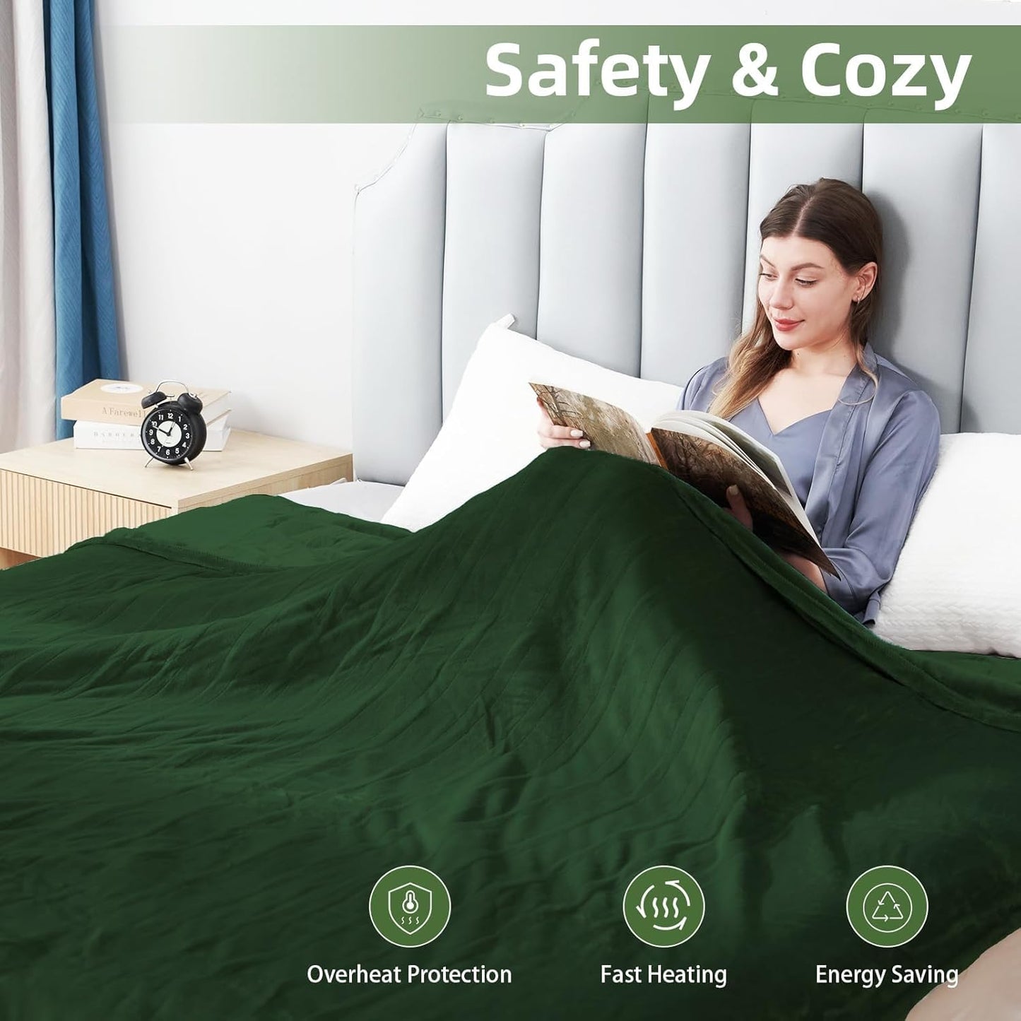 Electric Heated Blanket Twin Size 62”x84”,Soft Warmth Cozy with 5 Heating Settings 10 Hours Auto-Off, One Touch Operation, Machine Washable, Green