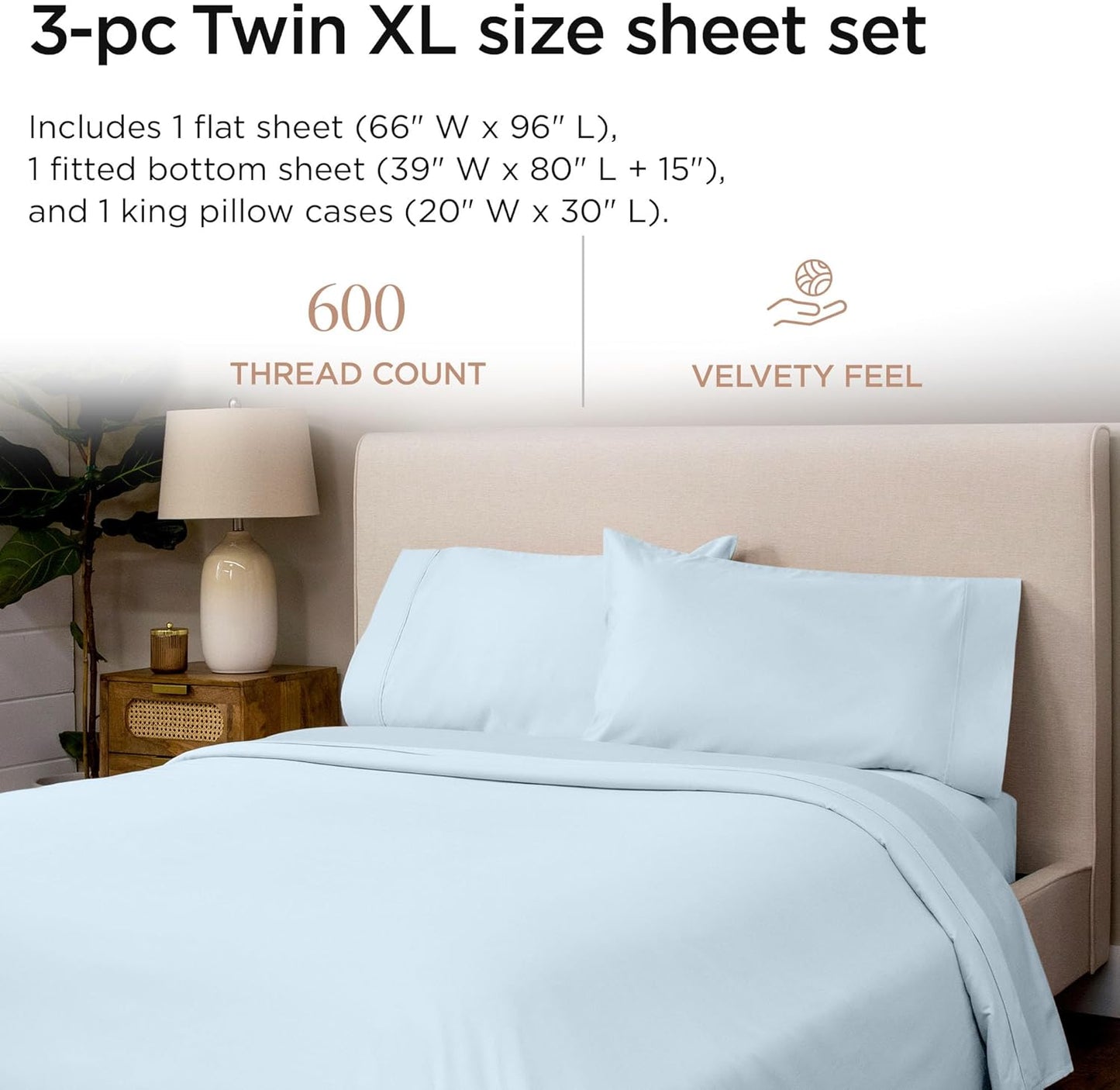Threadmill 100% Cotton Sheets for Twin XL Size Bed - 600 Thread Count Twin XL Bed Sheets Set with 15” Deep Pocket - Sateen Weave 3-Piece Bedding Set with Cooling Effect, Blue
