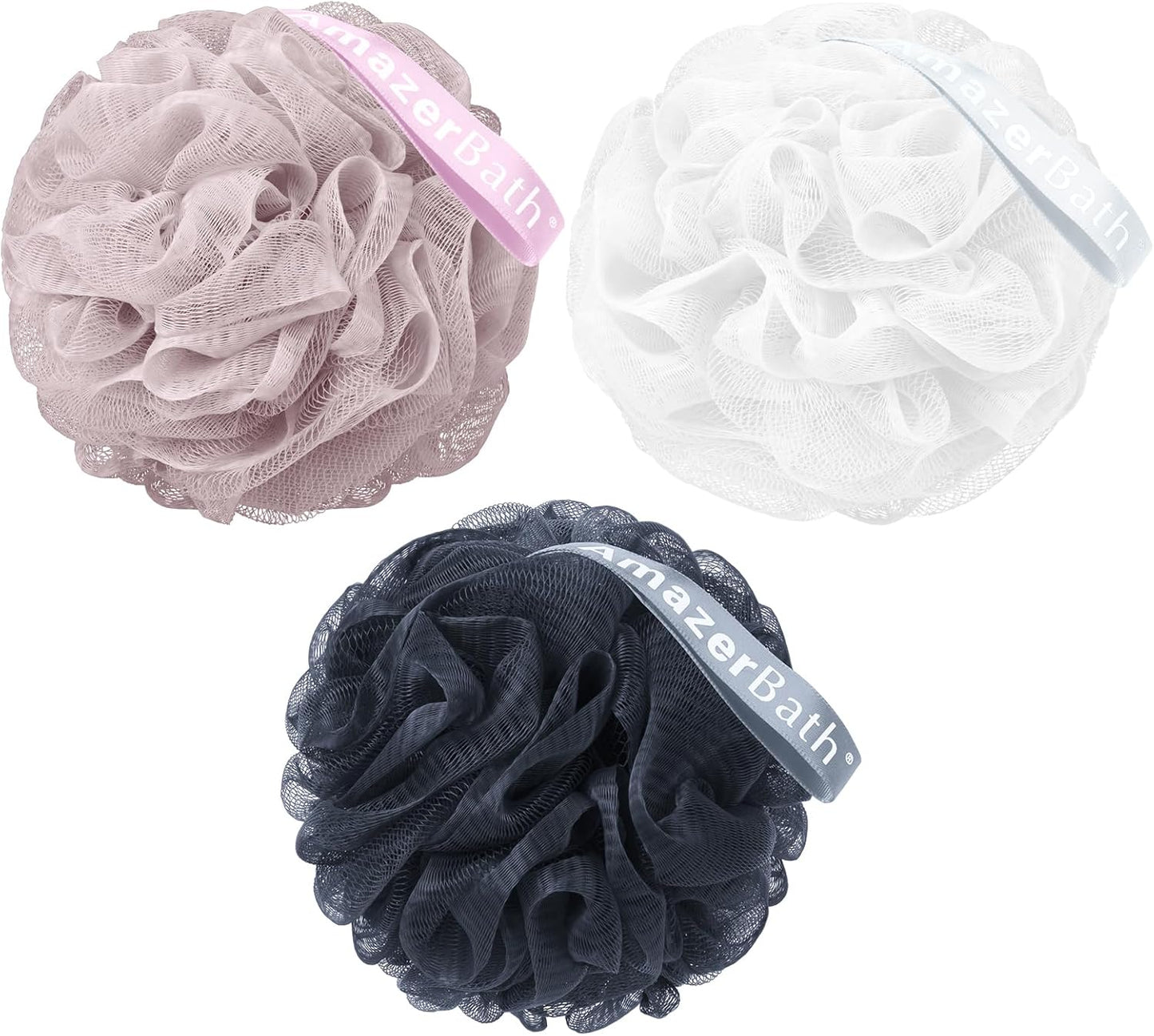 AmazerBath Loofah Sponge 60g/PCS, Shower Loofah for Men and Women - Body Scrubber Loofa Set of 3, Bath Sponge - Grey Blue-Pink-White