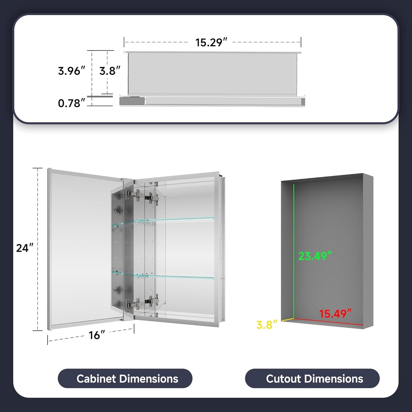Medicine Cabinet 16" x 24", Bathroom Medicine Cabinet with Mirror, Recessed Medicine Cabinets with Adjustable Shelves, Soft-Closing Door, and Aluminum Alloy Frame - Reverse Installation, Silver
