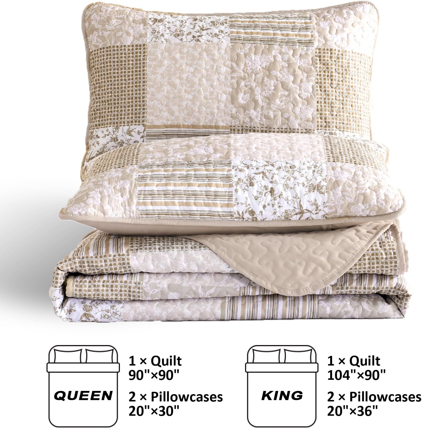 Mybedsoul Beige Boho Quilt Set King Size, 3 Pieces Plaid Floral Bedspread Set Patchwork Reversible Bedding Set Microfiber Bedding Bedspread Coverlet Set for All Season 90"x104"