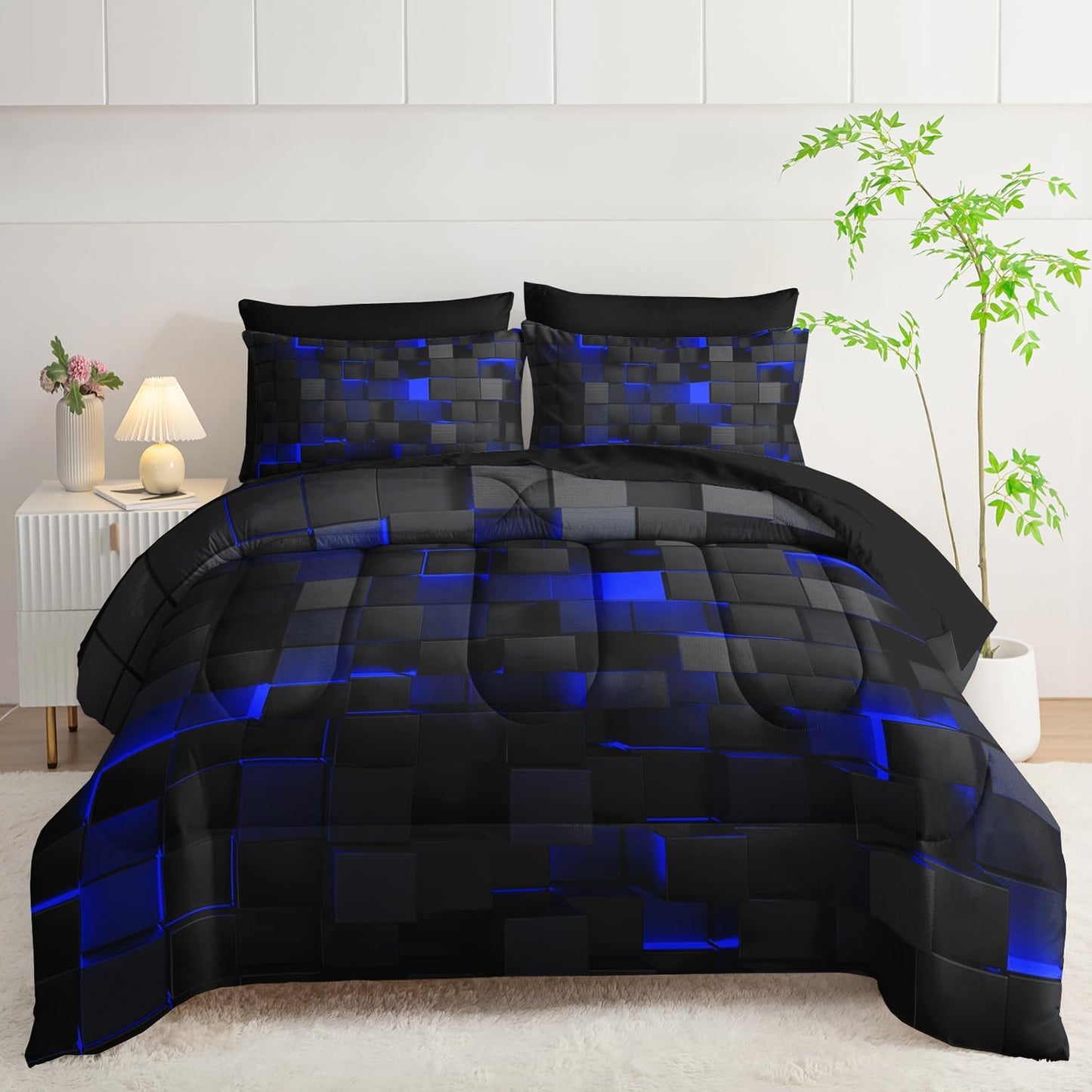 Twin Size Comforter Set 7 Piece - Black and Blue Modern Bedding, 3D Cube Design, Soft Microfiber, Gamer Bed Set, All Season