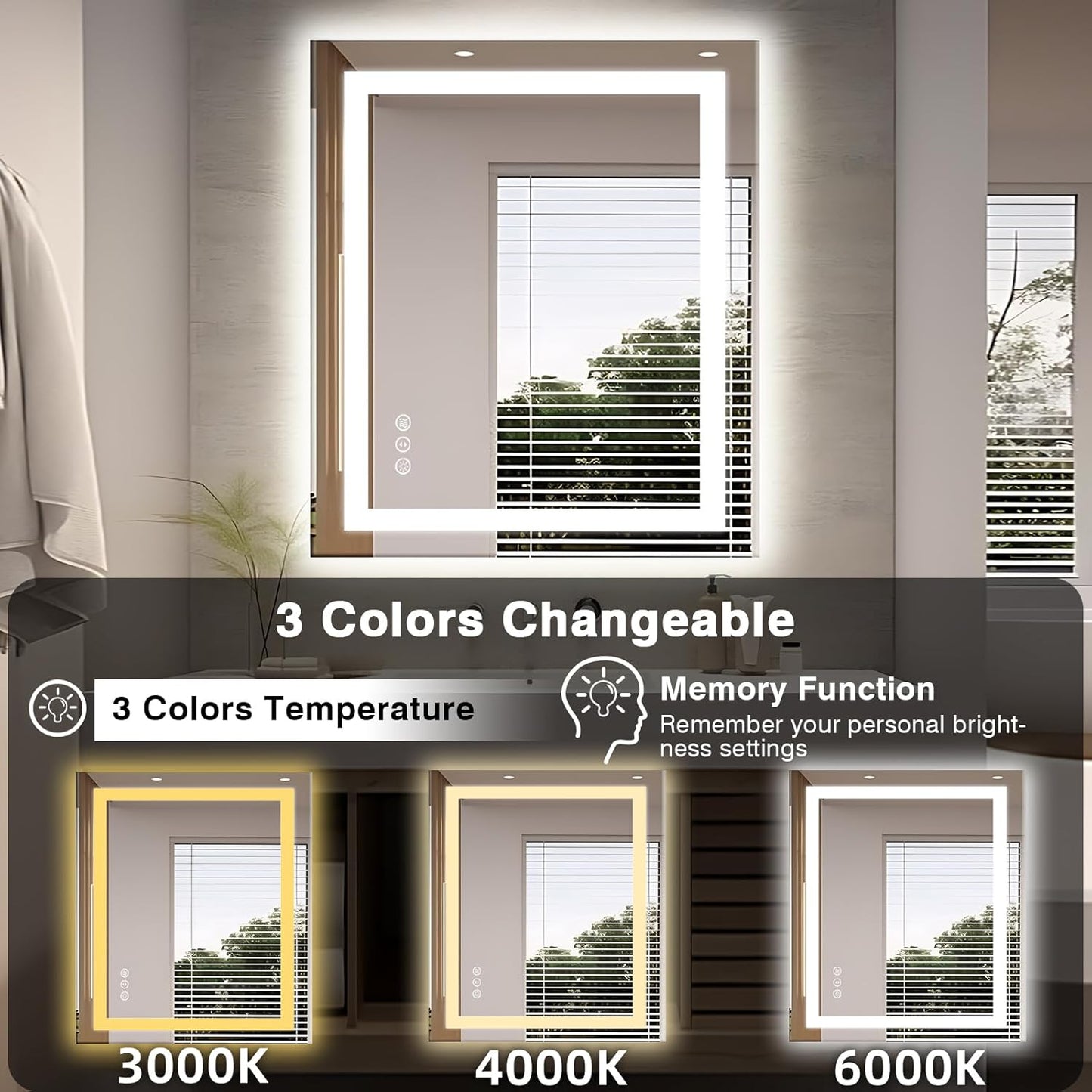 32"x36" LED Bathroom Mirror, Front and Backlit Mirror, Anti-Fog Vanity Mirror with Lights, Stepless Dimmable Illuminated, 3 Colors Smart Mirror (Horizontal/Vertical)