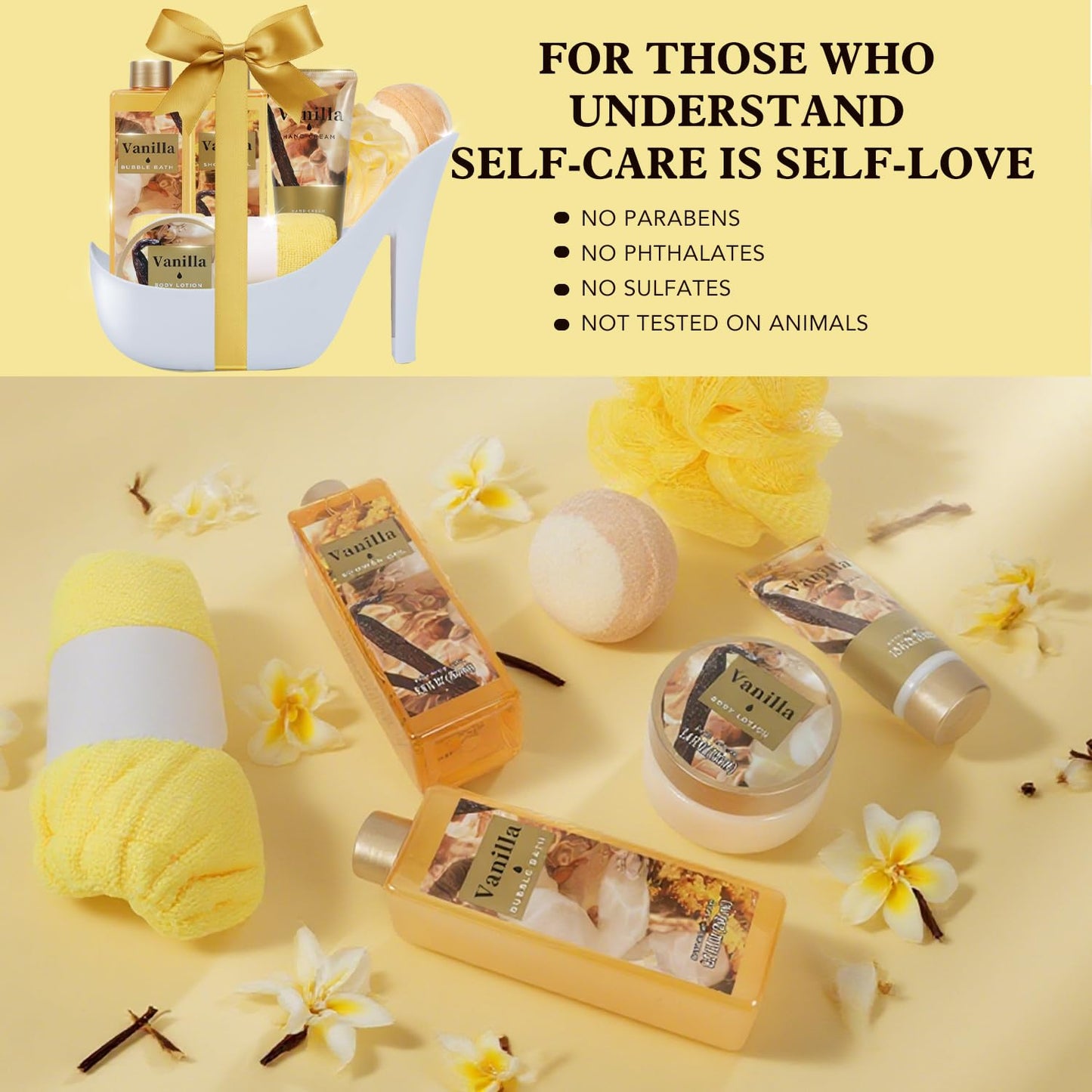 Cozy Vanilla Gifts for Women Spa Basket, High Heel Bath Set with Bubble Bath & Shea Butter, Christmas Birthday Gifts for Mom, Her, Best Friend