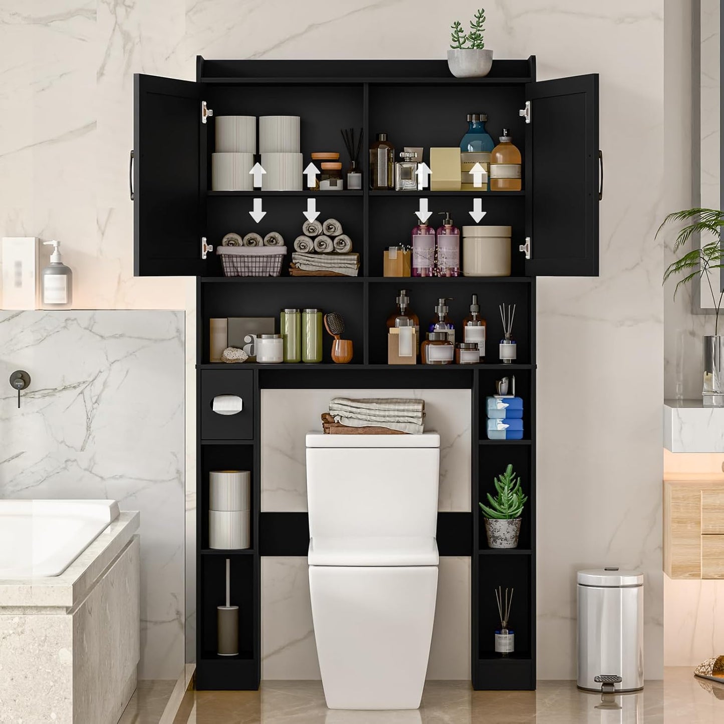Over The Toilet Storage Cabinet, Farmhouse Toilet Cabinet Rack with Barn Doors, Space Saving Bathroom Organizer with Shelves, Toilet Paper Holder and Towel Rack for Bathroom,Laundry Pure Black