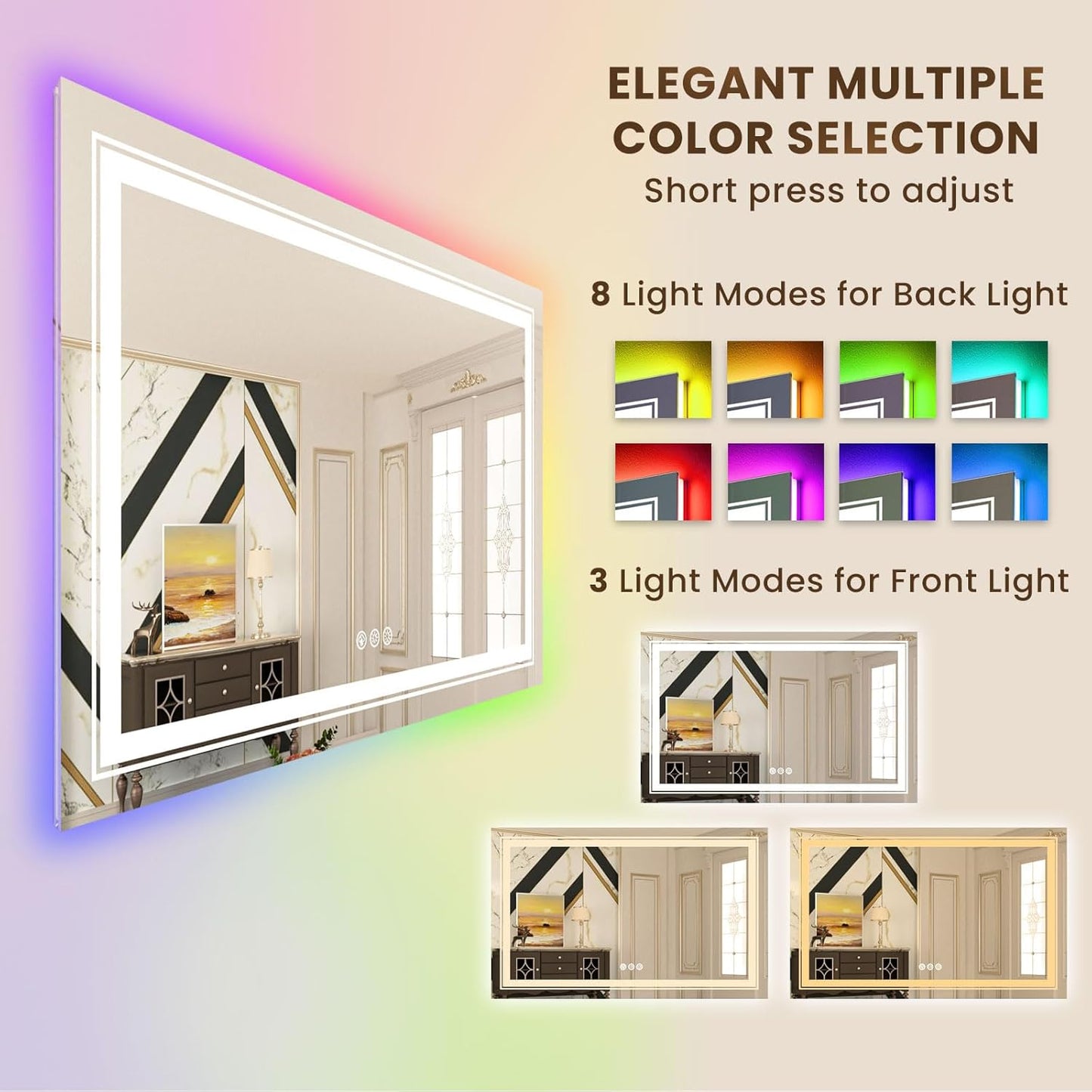 WTTY LED Bathroom Mirror 55"x30" with RGB Backlit and Front Light,Stepless Dimmable LED Mirror for Bathroom,Colored Lighted Bathroom Vanity Mirror,Anti-Fog,Memory Function,Shatter-Proof