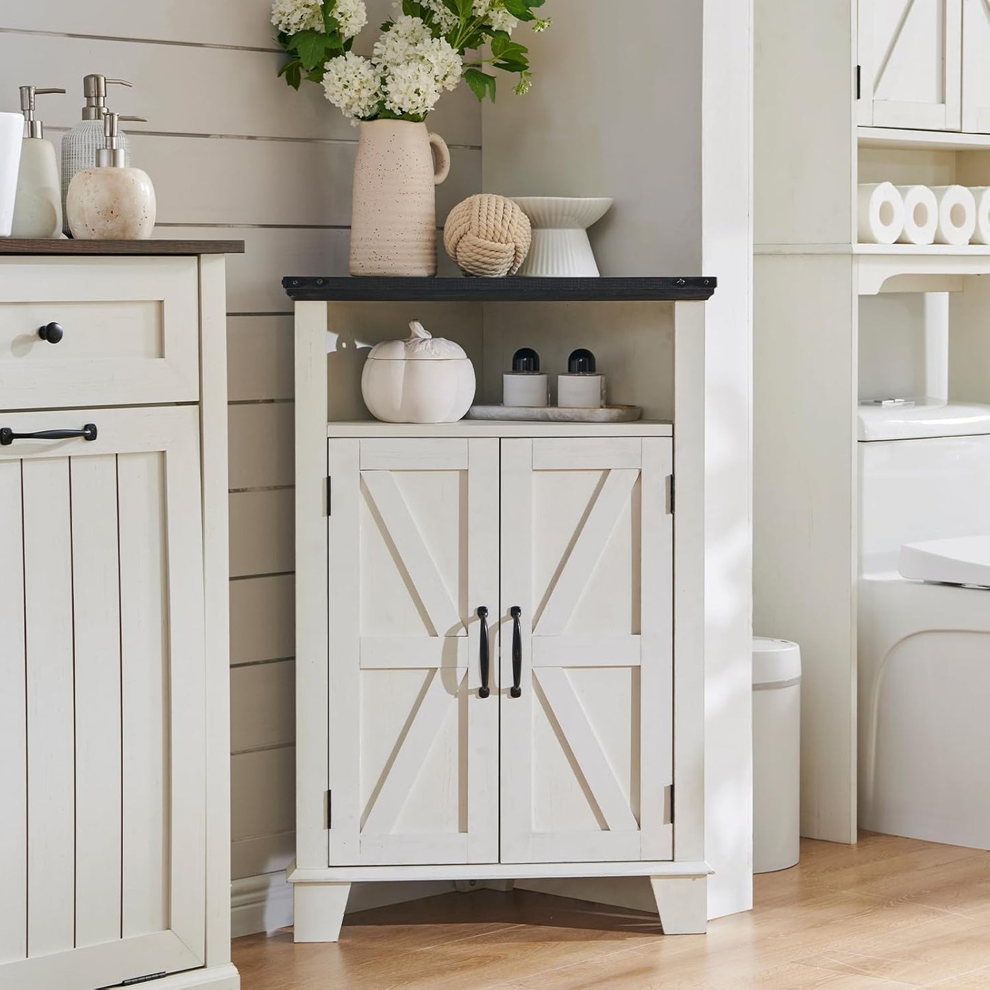 ACCOHOHO Corner Bathroom Cabinet, Farmhouse Small Corner Cabinet with Barn Door & Adjustable Shelf, Storage Cabinets for Bathroom, Kitchen, Living Room, Off White