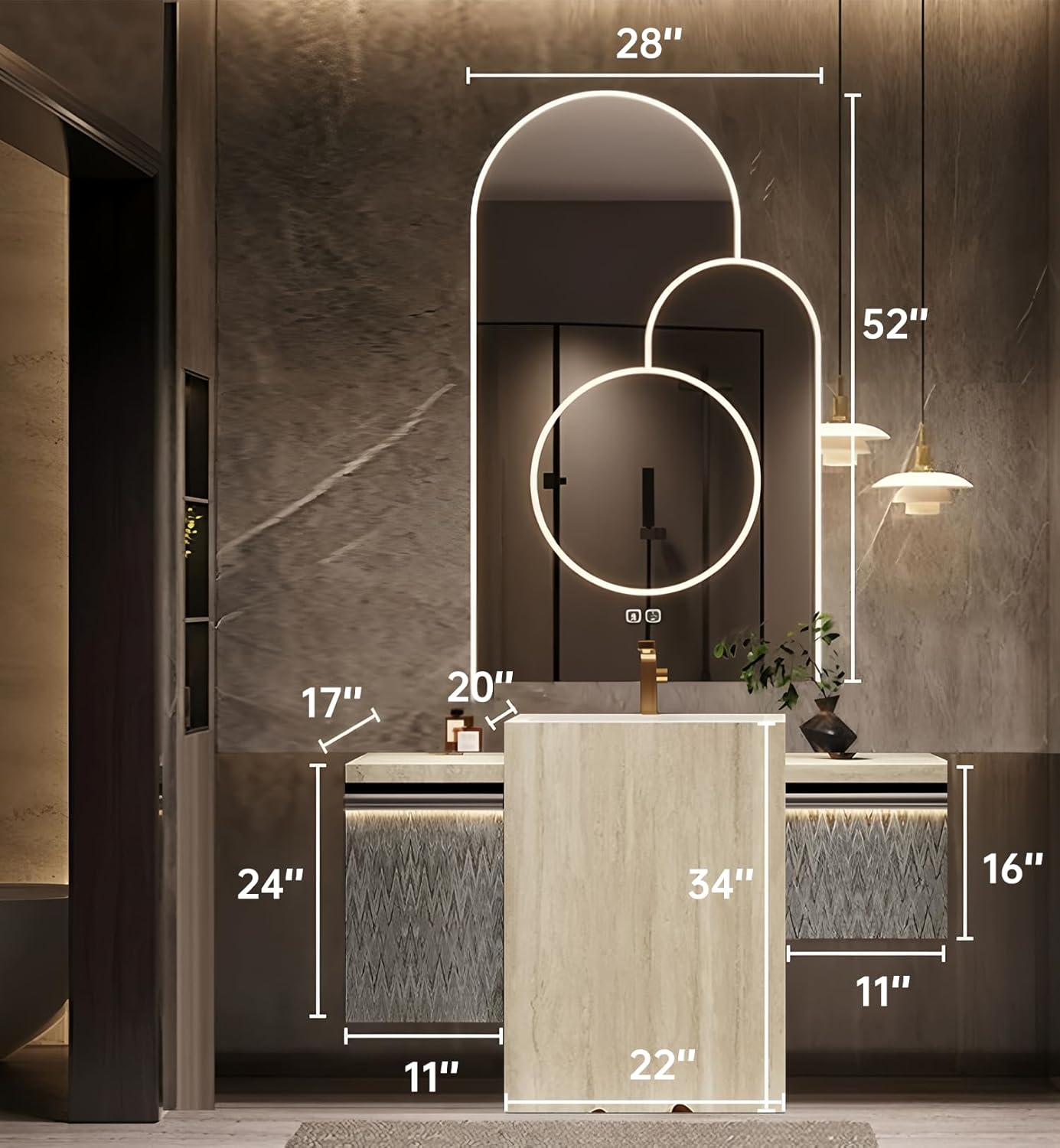Single Sink Freestanding Bath Vanity, Modern Bath Vanity with LED Smart Mirror, 44IN Solid Wood Floating Bathroom Sink Cabinet with Marble Slate Top and Large Storage Drawer