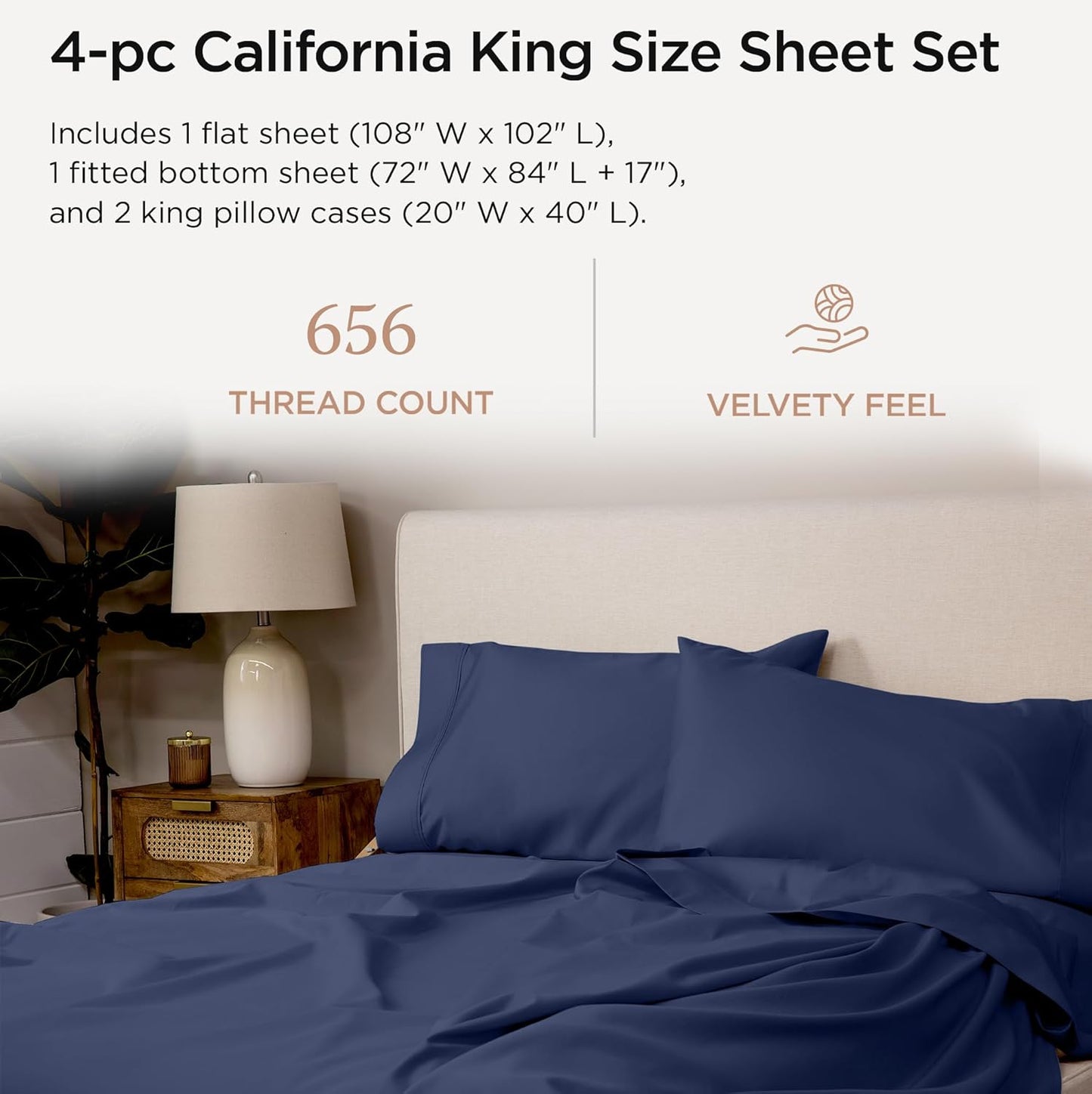 Threadmill California King Sheet Sets |Certified American Supima Cotton Sheets | 656 Thread Count 4 Piece Hotel Quality Luxury Bed Sheets Set with Elasticized Extra Deep Pocket | Folkstone Blue Sheets