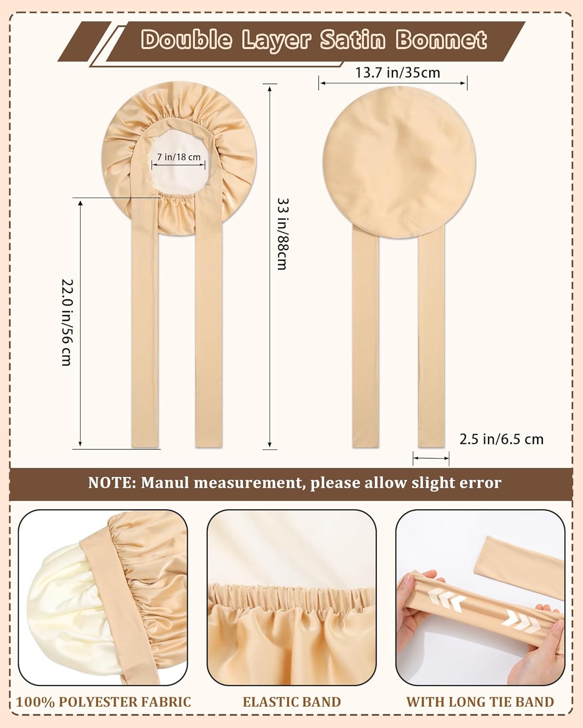 AWAYTR Women Satin Bonnet for Sleeping - Double Layer Silk Hair Bonnet with Elastic Tie Band for Braids Curly Hair