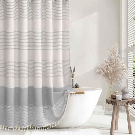 Awellife Farmhouse Grey Shower Curtain for Bathroom Linen Texture Stripe Tassel Shower Curtain 72 X 72 Inches Neutral