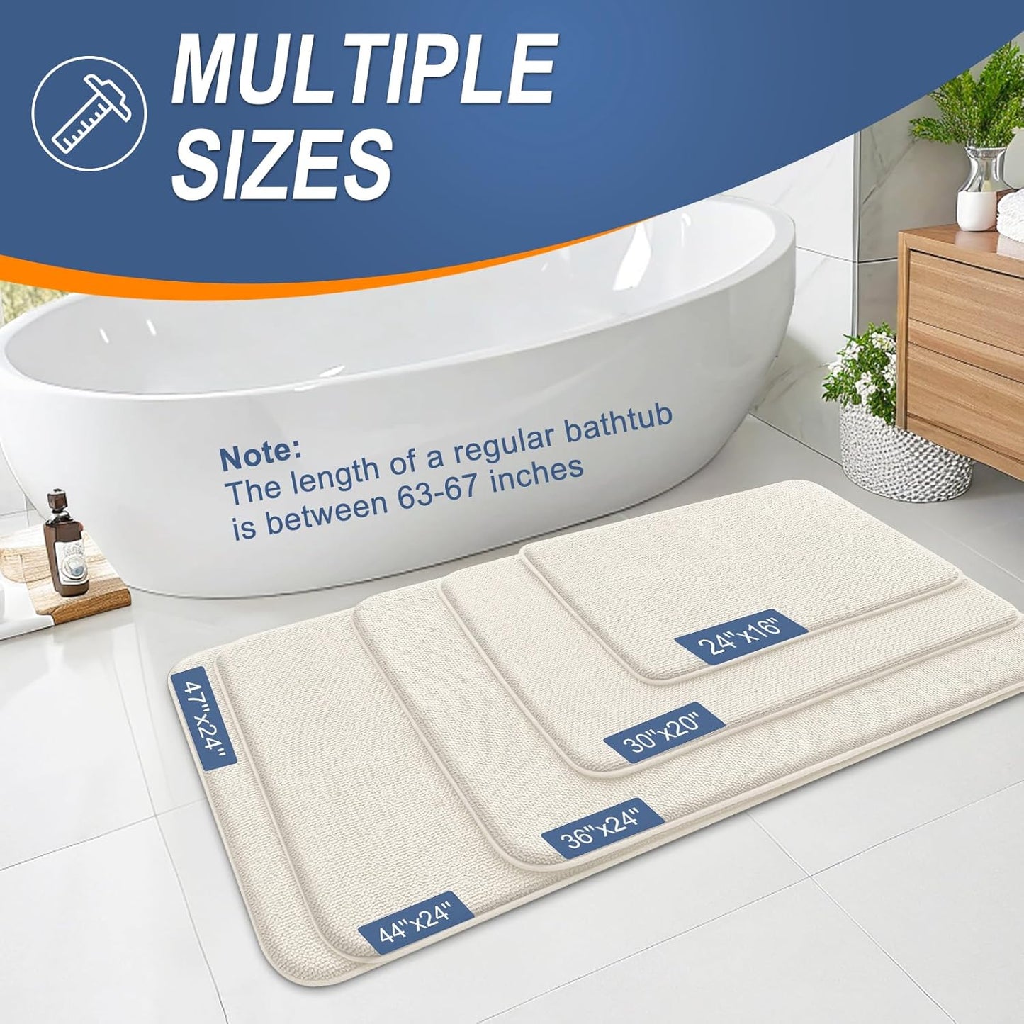 OLANLY Thick Memory Foam Bath Mat Rug 47x17, Extra Soft Absorbent Bathroom Rug, Quick Dry Bath Mats, Non-Slip, Machine Washable Carpet for Bathroom, Tub and Shower, Home Decor Accessories, Ivory