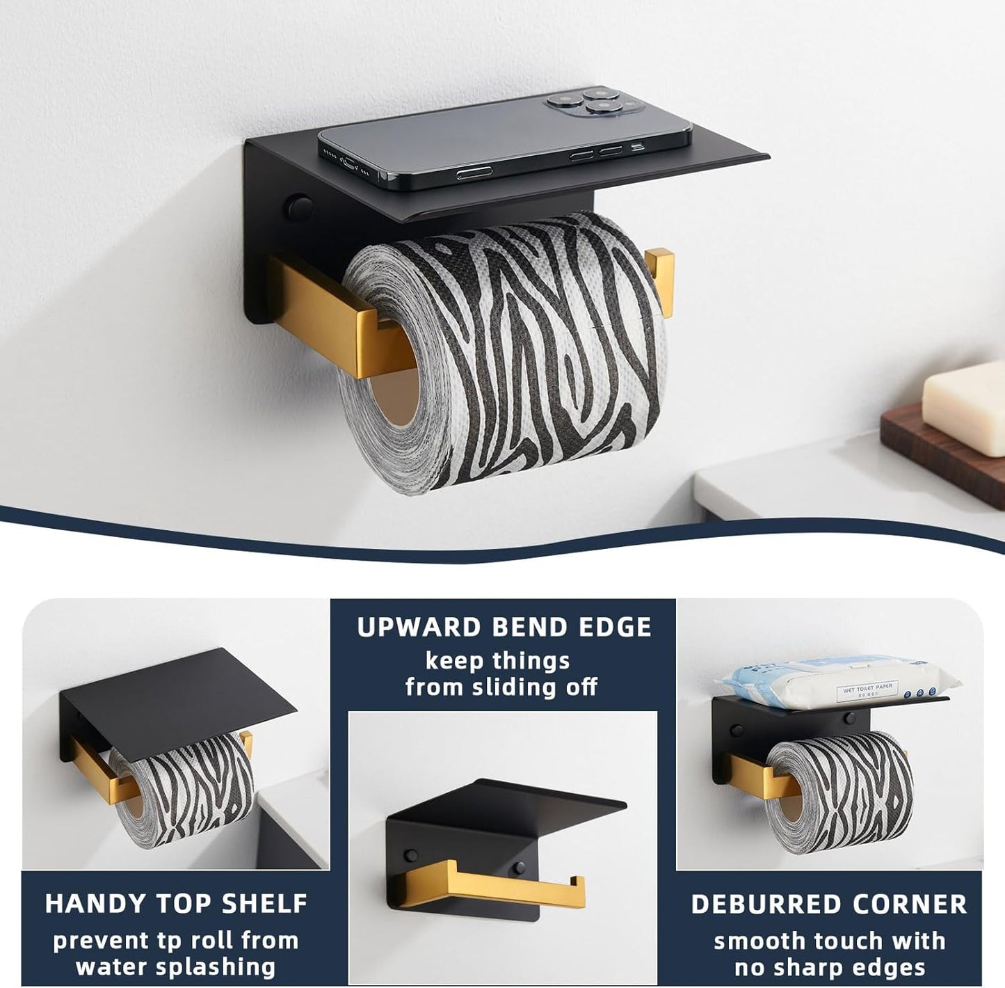 Angle Simple Toilet Paper Holder with Shelf, 304 Stainless Steel Bathroom Tissue Roll Holder for Wall Black and Gold