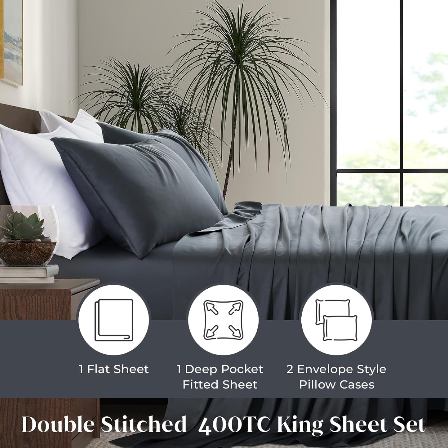 Luxury Bamboo Market | King Size Bed Sheet Set | 100% Viscose Made from Bamboo | Organically Grown | Ultra Soft | Cooling Sheets for Hot Sleepers | 17" Deep Pocket [Charcoal Grey]