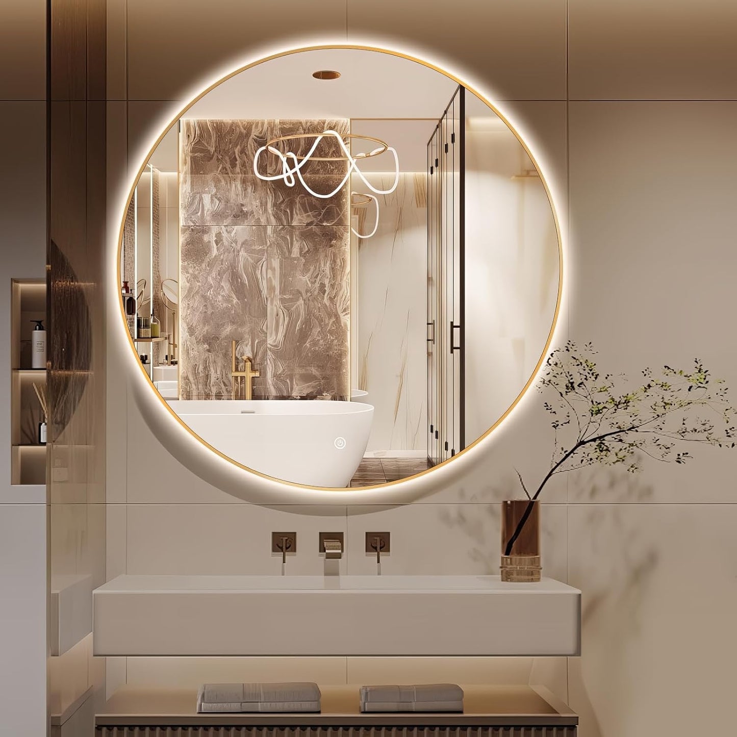 Niccy 44" LED Backlit Round Mirror for Bathroom, Gold Framed Vanity Light Wall Mirror LED Smart Circle Mirrors with 3 Lighting Colors, Dimmable Lighted Mirror with Anti-Fog, IP65 Waterproof