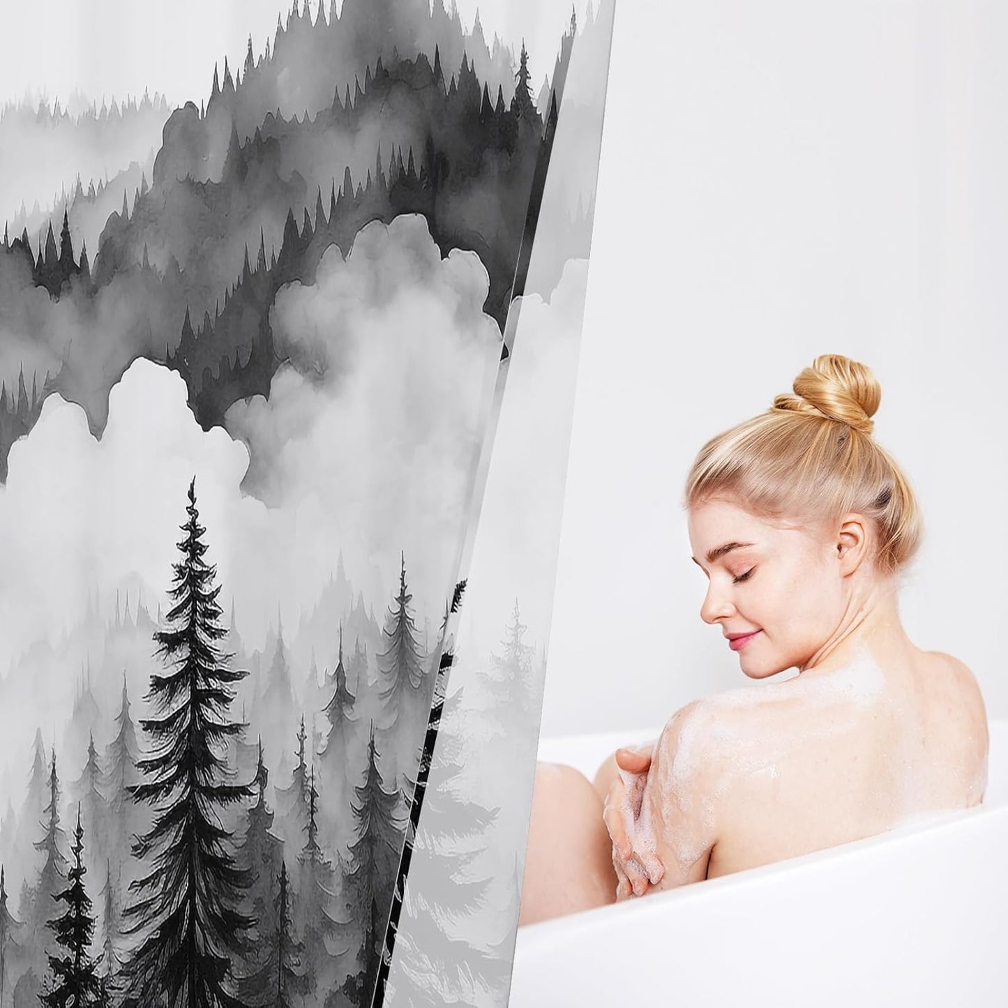 Black Long Misty Pine Forest Shower Curtain 72 x 78, Mountain Foggy Woodland Scenery Tree 78 Inch Long Shower Curtains for Bathroom, Abstract Waterproof Nature-Themed Decor