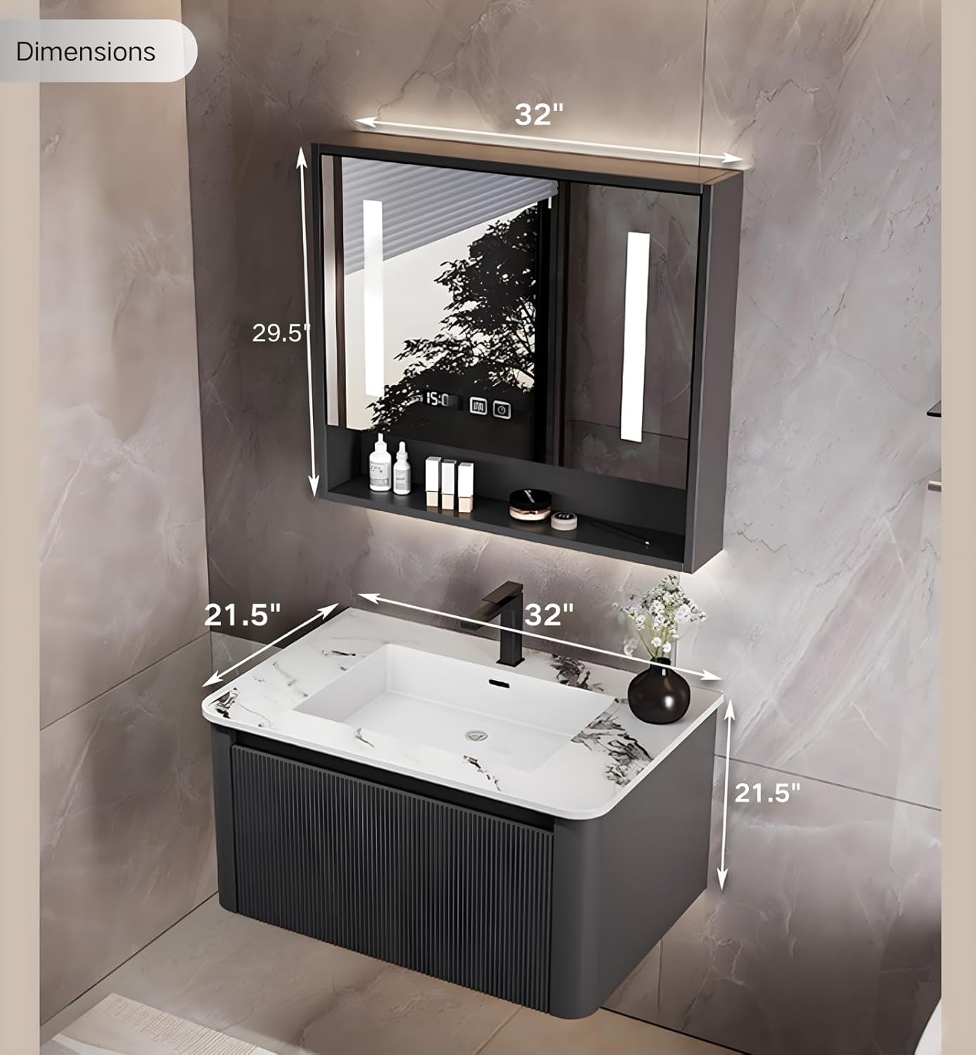 Bathroom Vanity Cabinet, 32" Bathroom Vanity with Sink & Intelligent Defog LED Mirror, Solid Wood Float Vanities, Wall-Mount Bathroom Cabinet with Drawer, Undermount Single Sink, Faucet, Drain(Black)