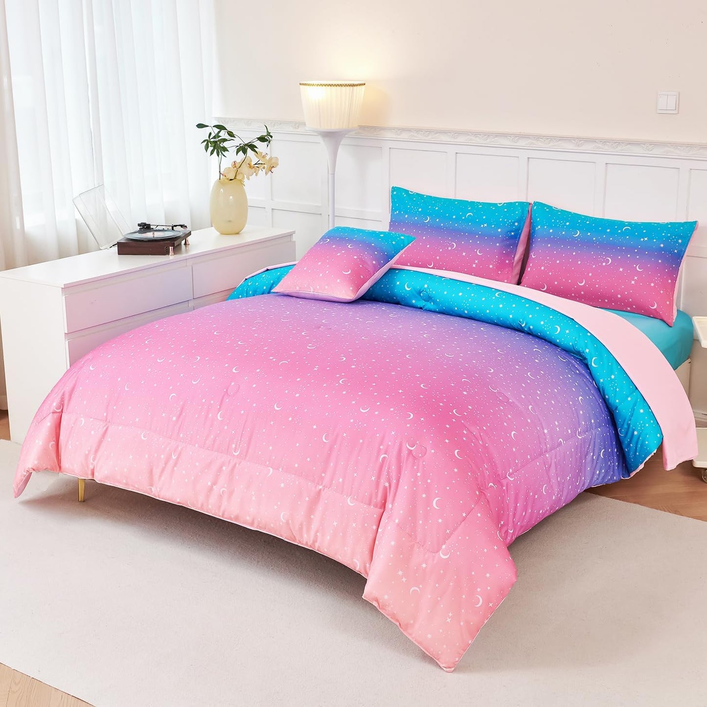 URBONUR 6 Pcs Gradient Glitter Comforter Set for Girls Full Size Colorful Rainbow Bedding Soft Lightweight Microfiber All Season Kids Bed Sets (Pink Blue)