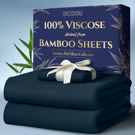 DECOLURE 100% Viscose Derived from Bamboo Sheets Twin Size 3pcs - Ultra Soft & Luxuriously Cooling, 17" Deep Pocket, Double Stitching, Perfect for Hot Sleepers - Twin Bed Sheets (Navy Blue)
