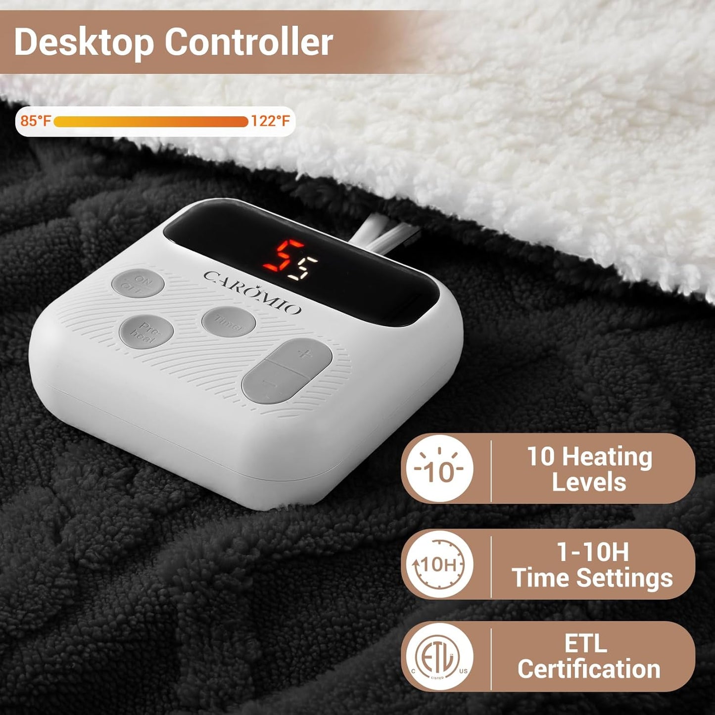 CAROMIO Electric Blanket Twin Size - Thick Tufted Sherpa Heated Blanket Twin with 10 Heating Levels and 10 Time Settings, ETL Certified Machine Washable Fast Heating Blanket Twin 62"×84", Black