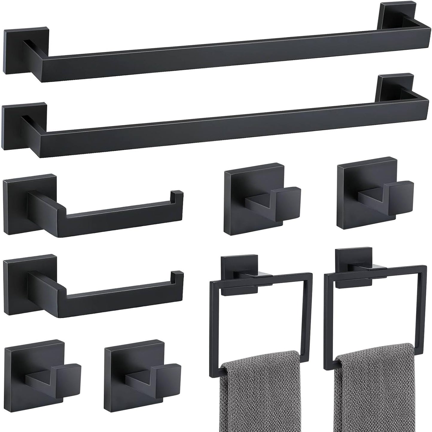 10 Pieces Bathroom Hardware Accessories Set Black Towel Bar Set Towel Holder Racks Set for Bathroom,SUS304 Stainless Steel,Wall Mounted 23.6-Inch