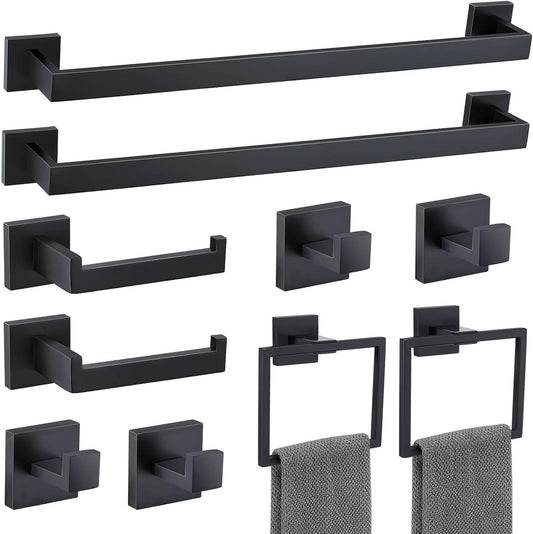 10 Pieces Bathroom Hardware Accessories Set Black Towel Bar Set Towel Holder Racks Set for Bathroom,SUS304 Stainless Steel,Wall Mounted 23.6-Inch