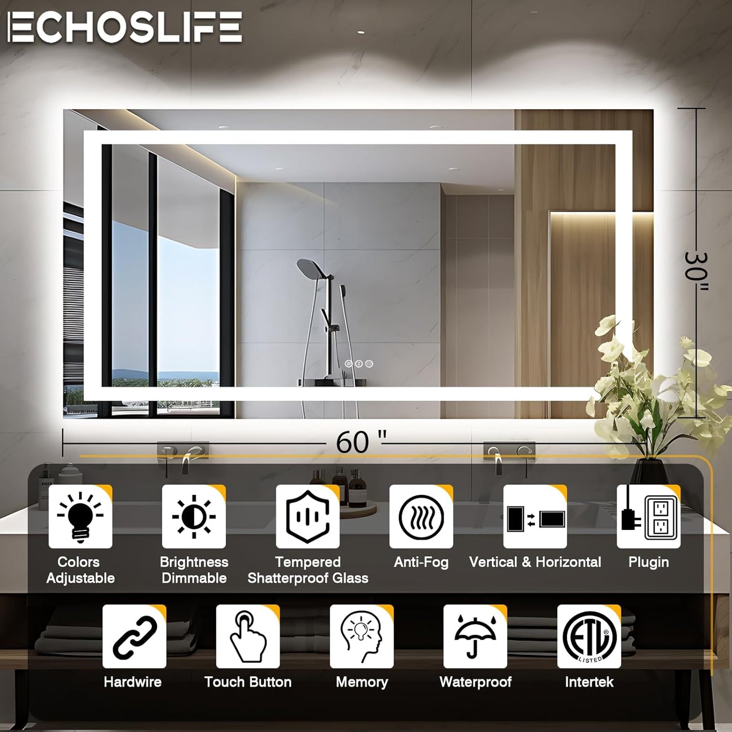 60"x30" Large LED Bathroom Vanity Mirror with Front Light and Backlit, Anti-Fog Illuminated Bathroom Mirror, Stepless Dimmable LED Mirror, 3 Colors Smart Mirror (Horizontal/Vertical)