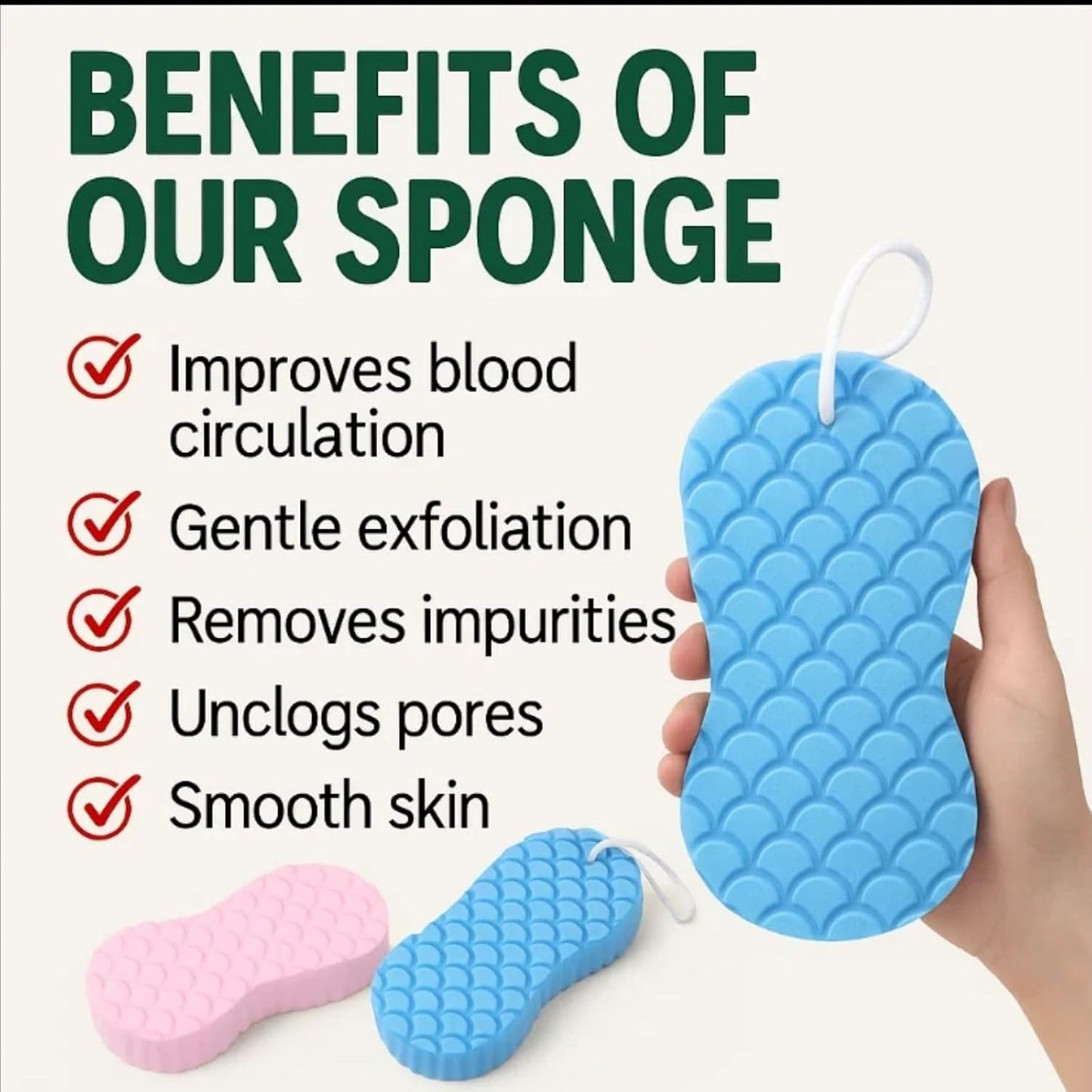 Skin Scrubber Exfoliator - 3D Super Soft Body Scrub Sponge for Dead Skin Removal, Reusable Skin-Friendly Exfoliator Also a Gentle Bath Sponge for Baby, for Adults, Kids & Pregnant Women (Blue+Pink)