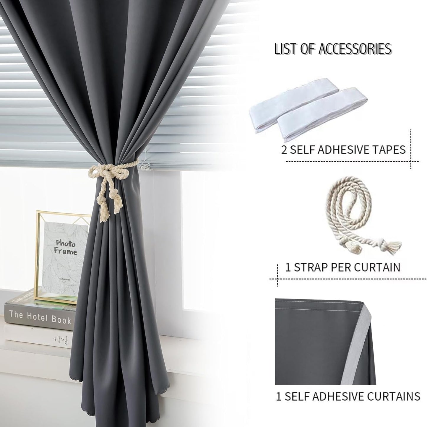 Magic Tape Stick On Curtains Window Shades Pull Down Blackout Window Cover Blackout Curtains for Bedroom No Drillng Self Adhesive Curtains No Rod Small Curtain, 47" W X 59" L, Grey, 1 Panel