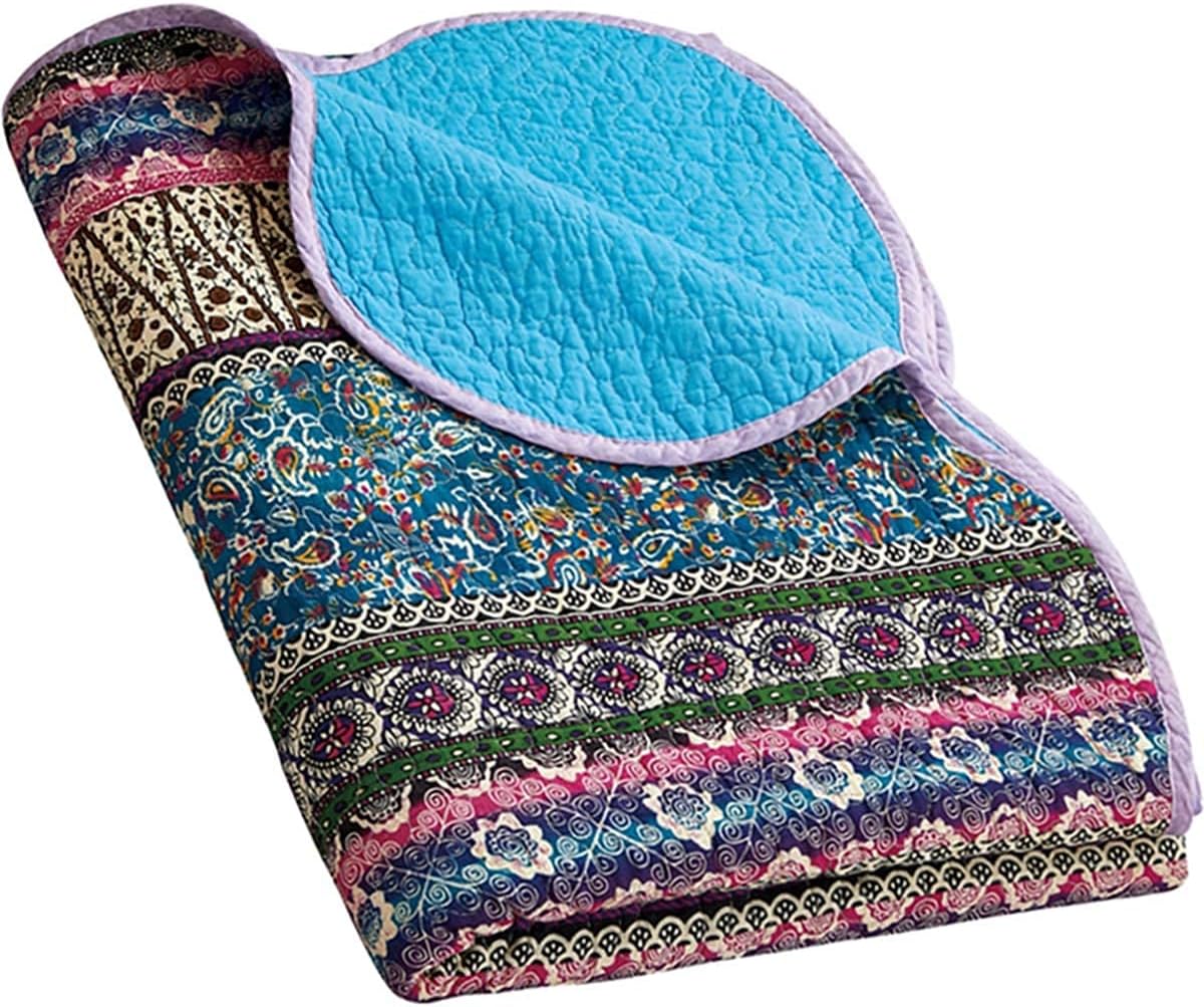 Cozyholy Boho Quilt Twin Size 100% Cotton Quilted Blanket Colorful Bohemian Striped Bedspread Coverlet Reversible Lightweight Stitch Vintage Bed Cover Throw Blanket for Couch Sofa Blue