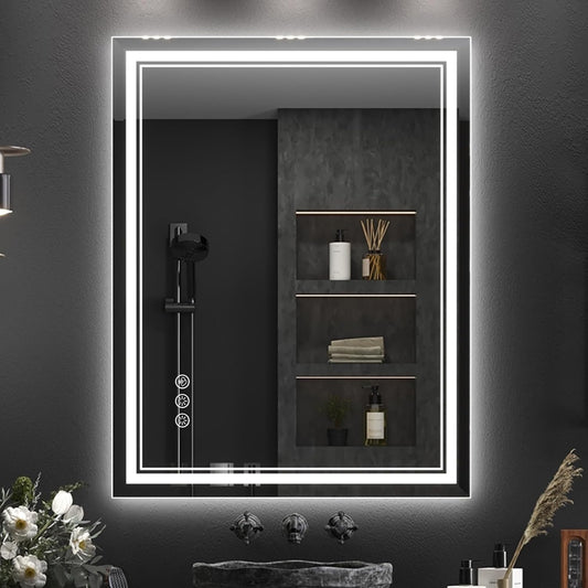 28x36 Inch LED Bathroom Mirror with Frontlit & Backlit（Independent Control）, Lighted Mirror for Bathroom Wall with 3-Color Dimmable & Anti-Fog, Vanity Mirror with Lights