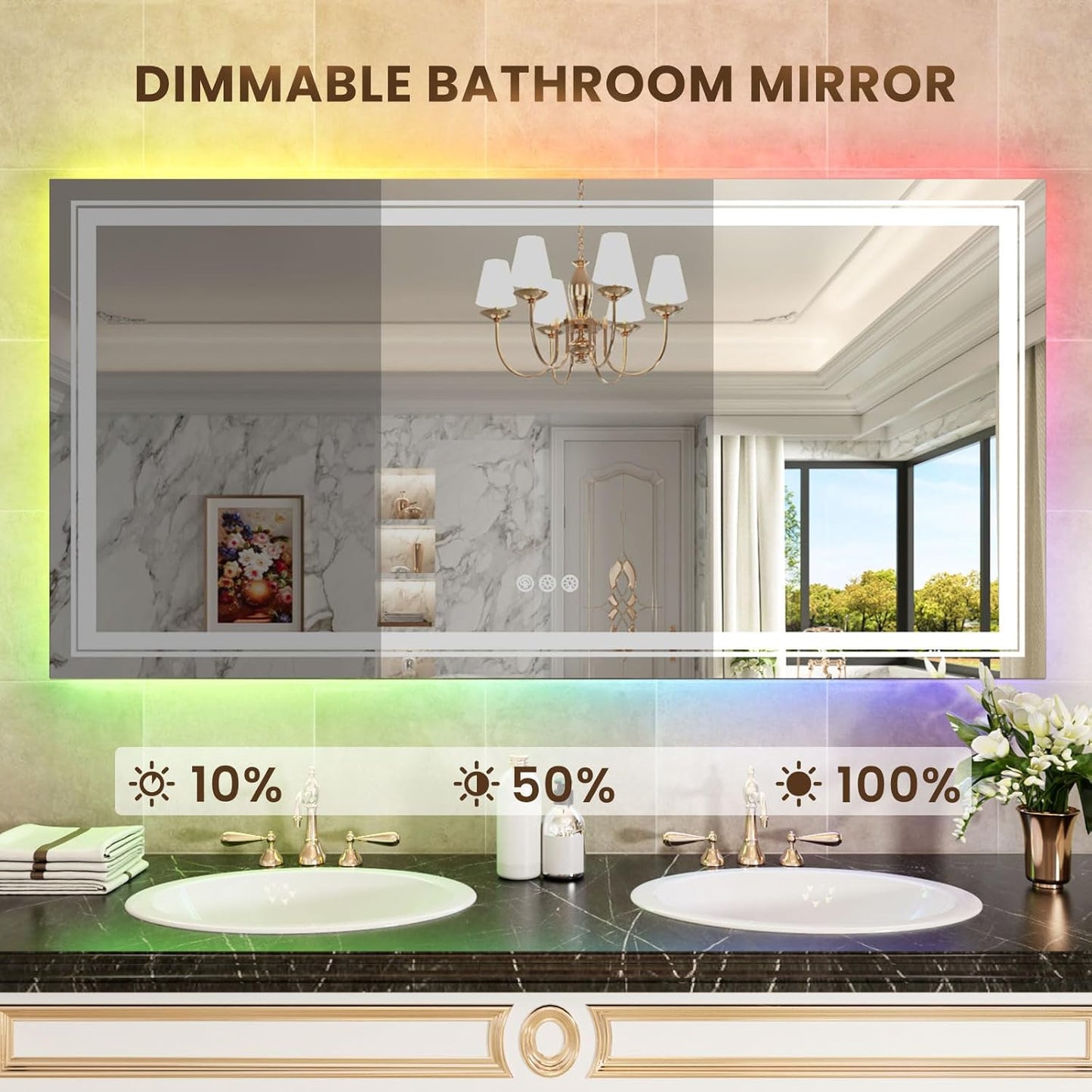 WTTY RGB LED Mirror for Bathroom,72"x40" Large LED Bathroom Mirror with Backlit and Front Light,Stepless Dimmable,Anti-Fog,Lighted Bathroom Vanity Mirror for Wall,Shatterproof,Memory Function