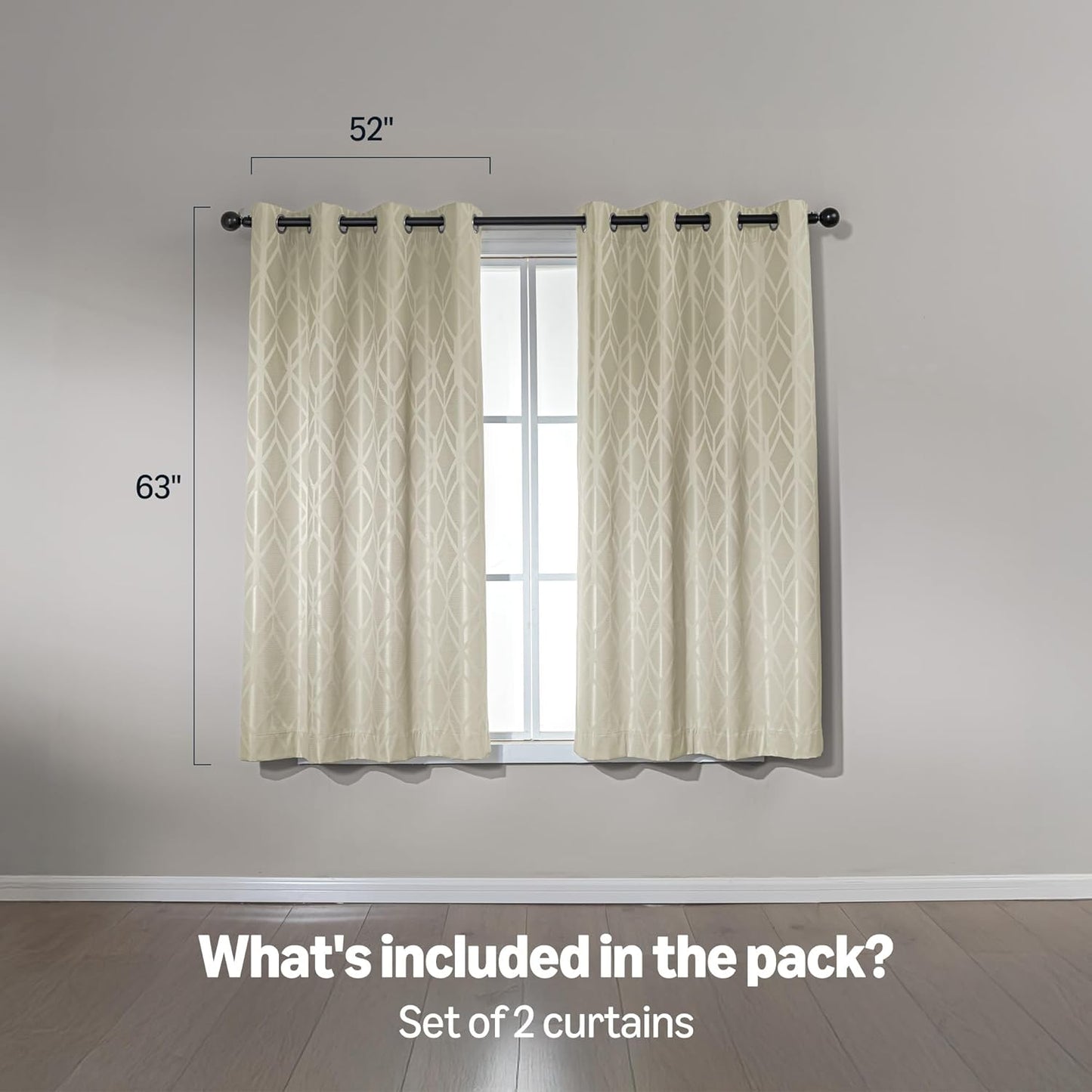 Amazon Basics Jacquard 2-Piece 100% Blackout Curtains, Living Room and Bedroom Drapes, Thermal Insulated Window Treatment, 52"x63", Beige