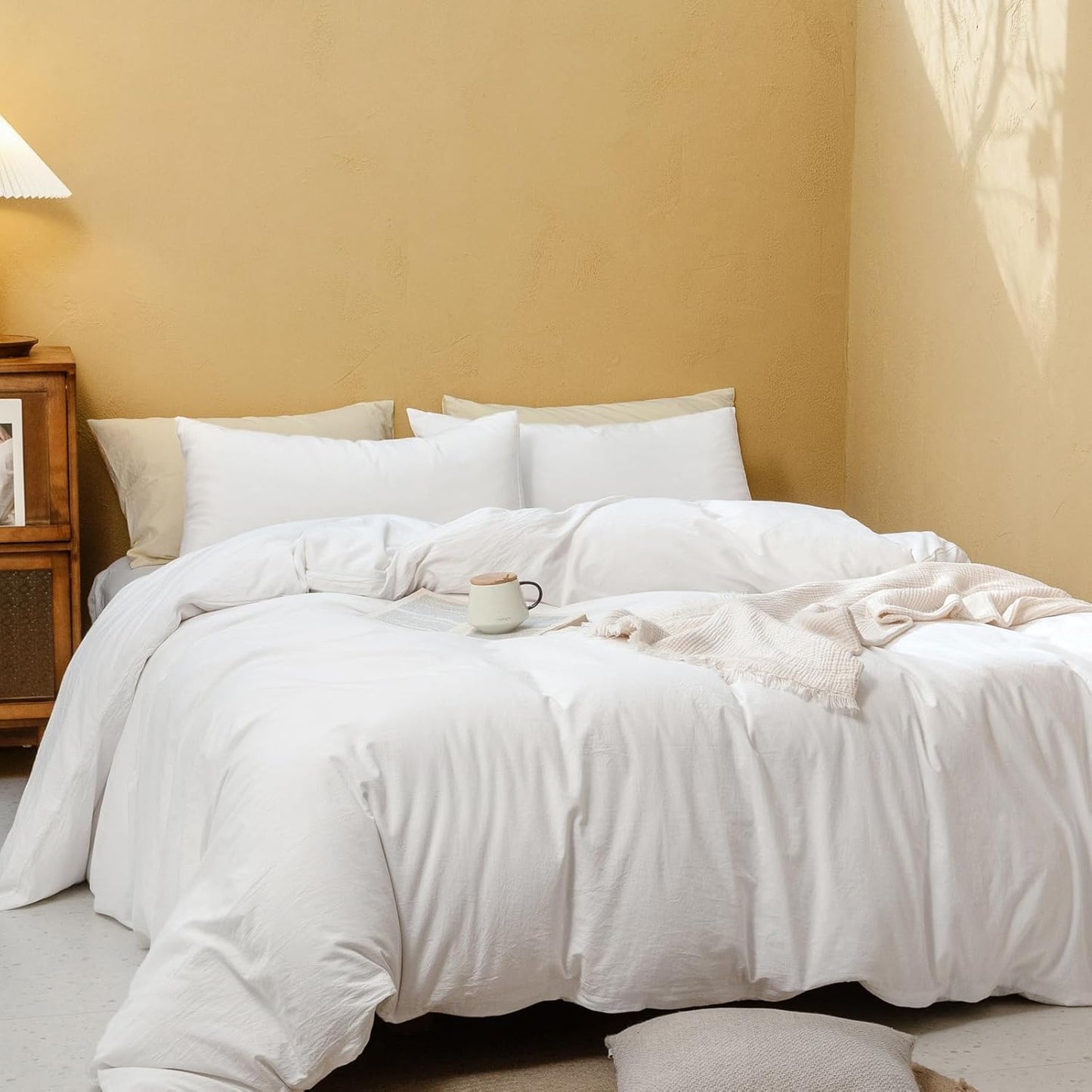 FOSSA Duvet Cover Set 100% Washed Cotton Linen Feel Super Soft Breathable Cozy 3 Pieces Bedding Sets Solid Off White Super Queen