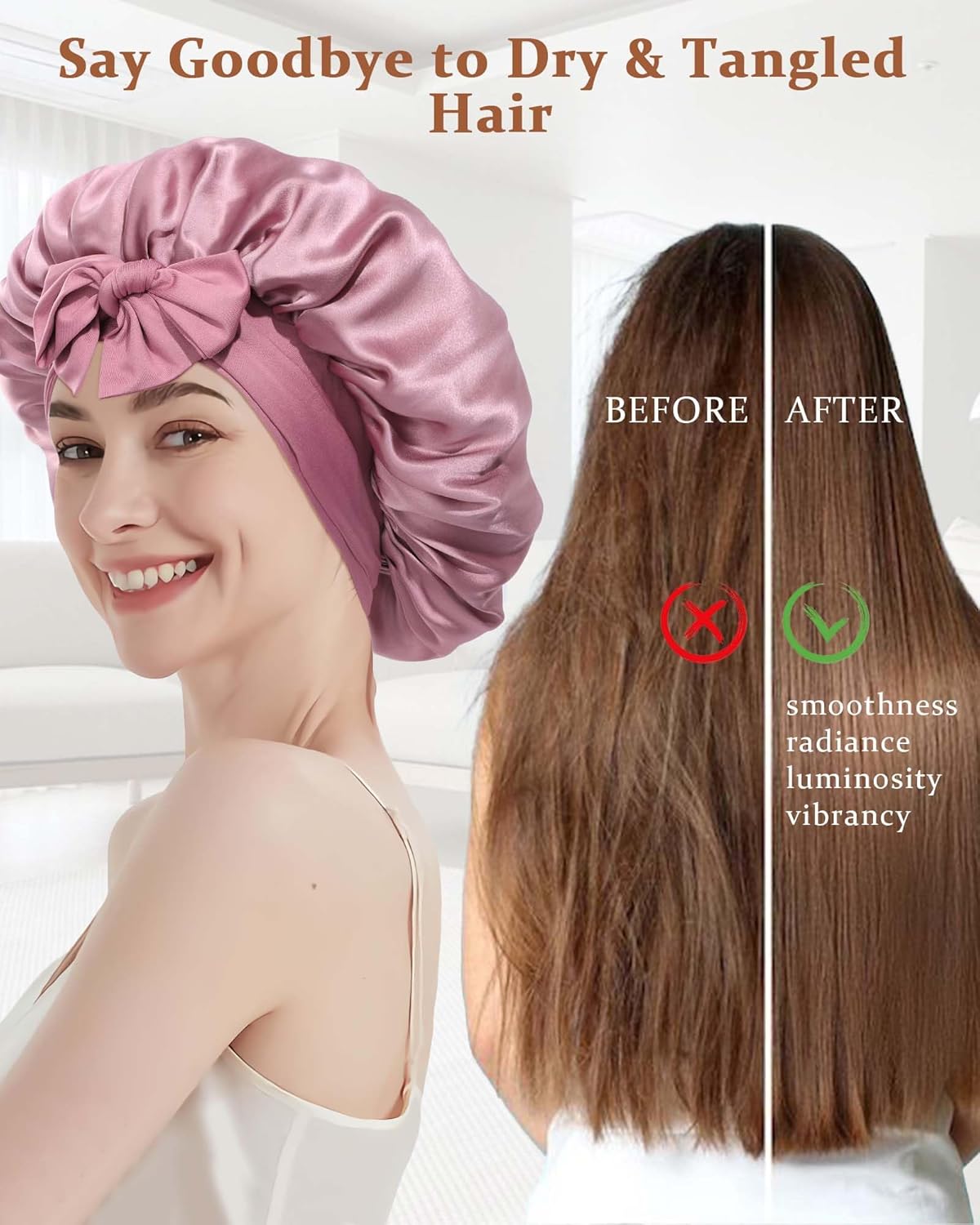 100% Mulberry Silk Bonnet for Sleeping Women Double Layer Silk Hair Bonnet Natural Silk Sleep Cap with Elastic Reversible Hair Wrap (Bean Paste + Light Pink)