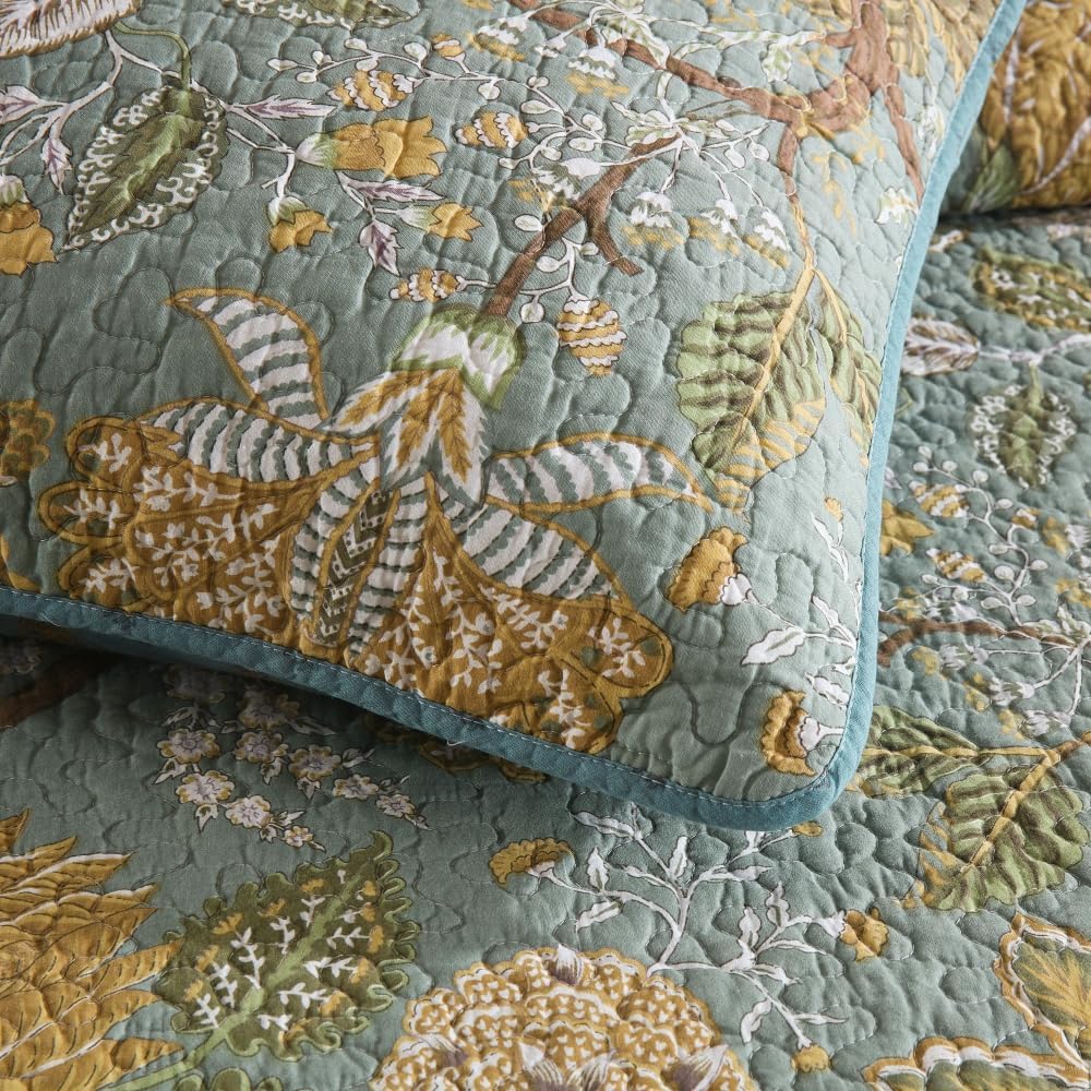 ENASAL Cotton Bedspread Quilt Sets Reversible Bedding Coverlet Sets Comforter, Vintage Floral Farmhouse Pastoral Turquoise Bedspread, King Size