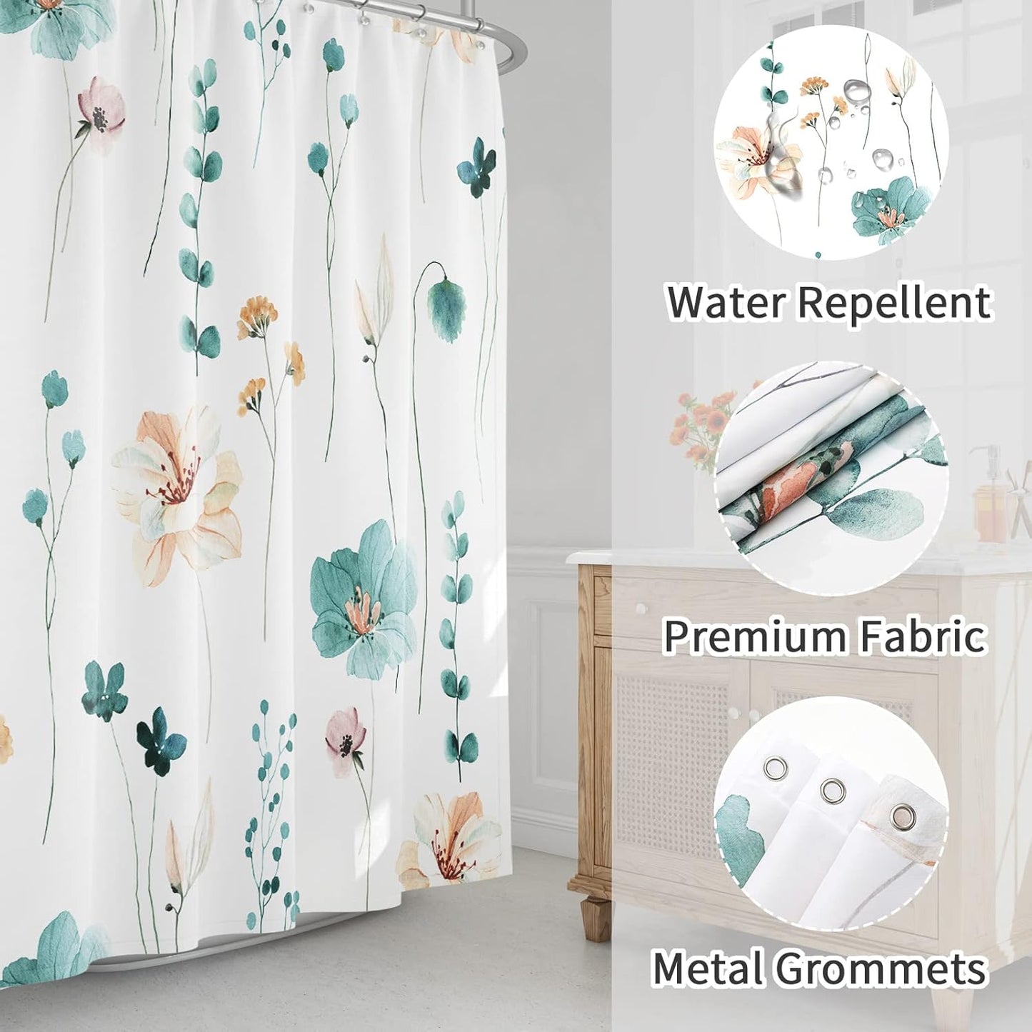 Gibelle Watercolor Floral Shower Curtain, Teal Beige Flower Shower Curtain for Bathroom, Modern Minimalist White Waterproof Fabric Shower Curtain Set with Hooks 72x72 Inch