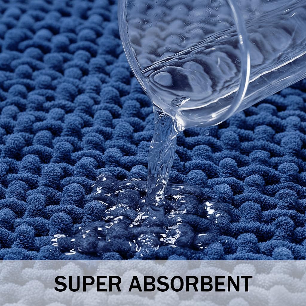 Bathroom Rugs Non Slip Washable, Super Absorbent Thin Bath Mat for Small Quick Dry Low Pile Bathroom Rug, (Navy Blue, 32″x20″)