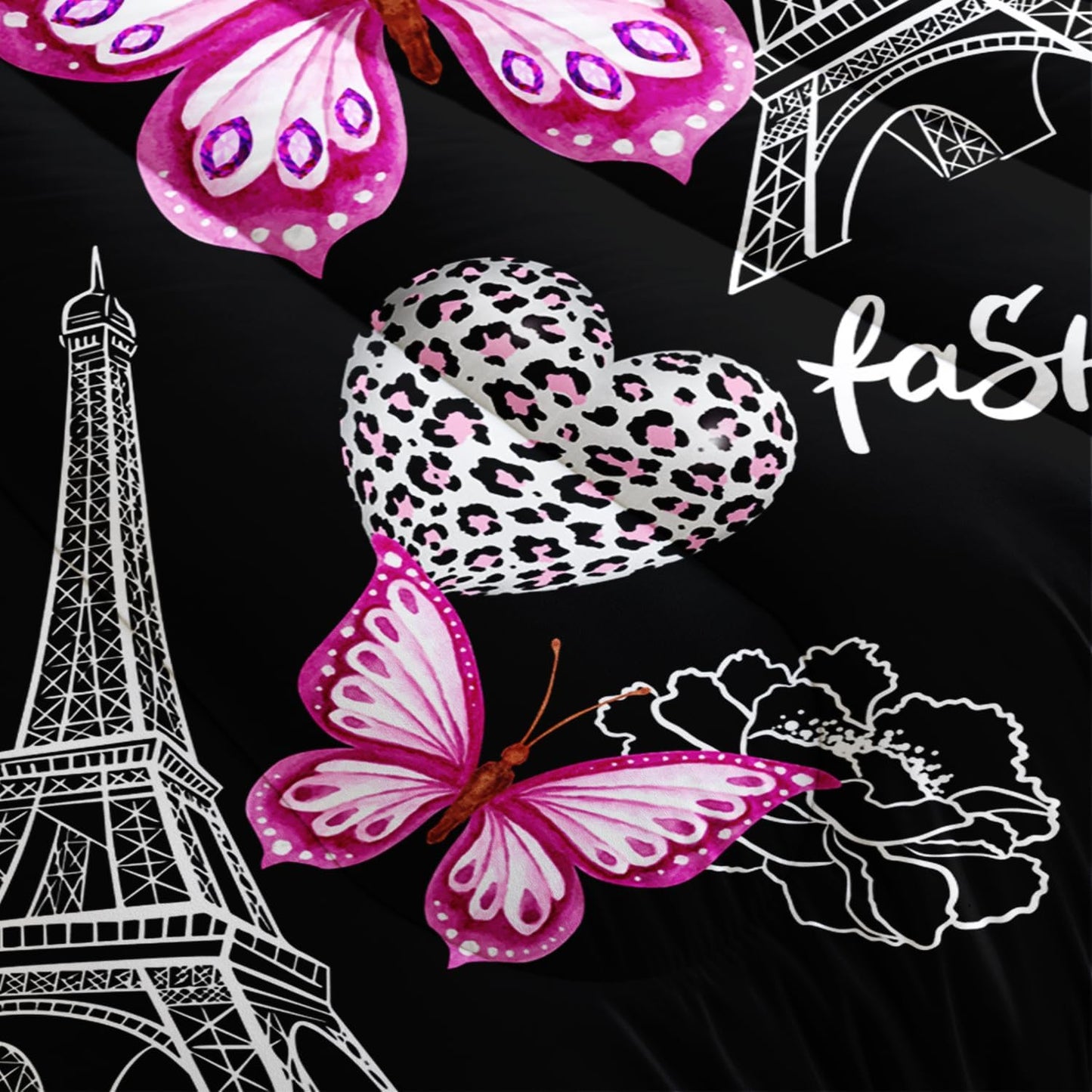 Pink Butterfly Comforter Full Bedding Sets for Girls, Eiffel Tower Leopard Heart Pattern Bedding Sets with 2 Pillowcases,Aesthetic Bedding for Women Girls Bedroom Paris Decor.