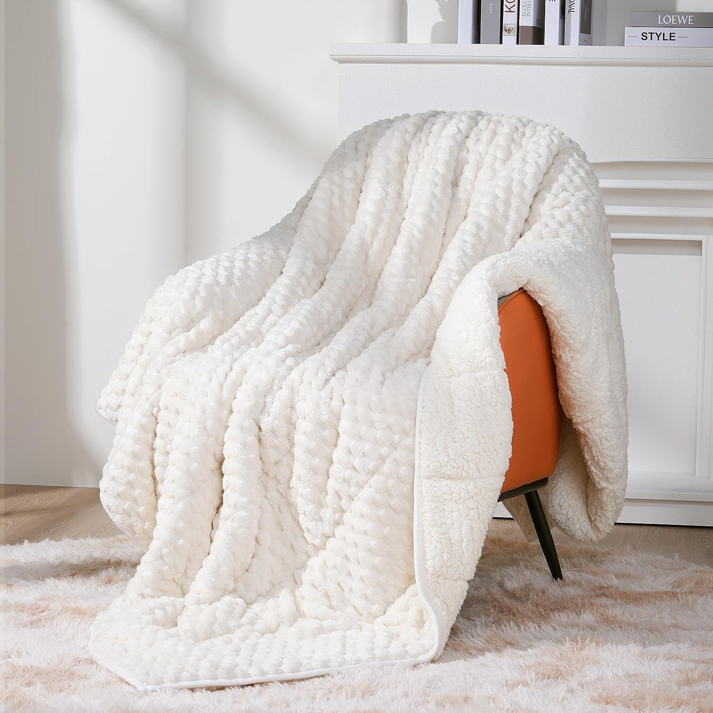 Topblan Weighted Blanket for Adults (60" x 80" 15lbs, Cream White), Soft Sherpa Queen Size Heavy Blanket, 3D Jacquard Flannel Fleece Weighted Blankets for Couch and Bed