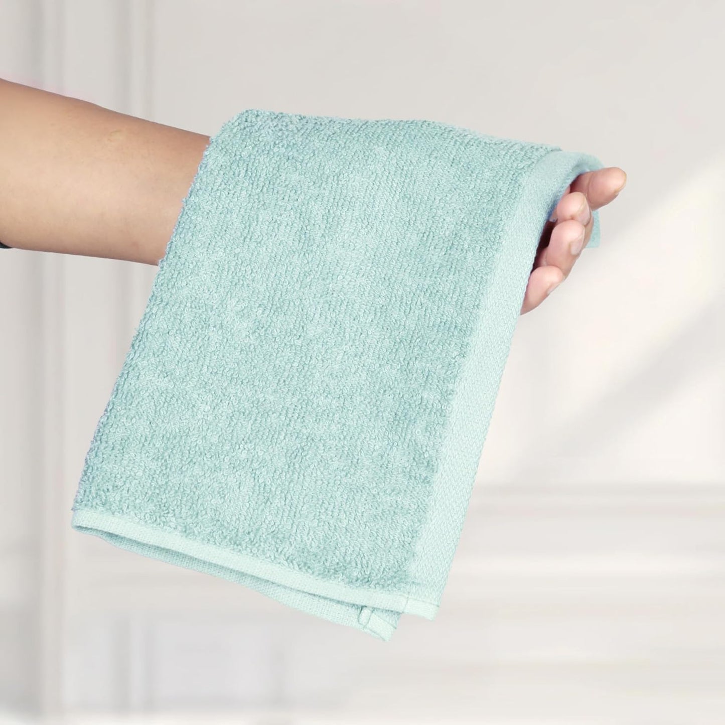 Amazon Basics Cotton Washcloths for Bathroom, Fast Drying, Extra Absorbent, 12 x 12 in, Seafoam Green, Ice Blue, White, 24-Pack