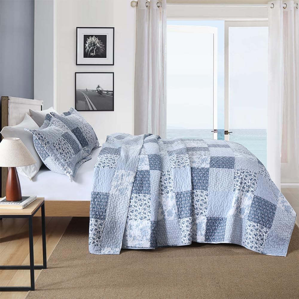 ENASAL Cotton Bedspread Quilt Bedding Sets Reversible Coverlet Sets Comforters Rustic Floral White Blue Patchwork Pattern Bedspread for All Season, Queen Size
