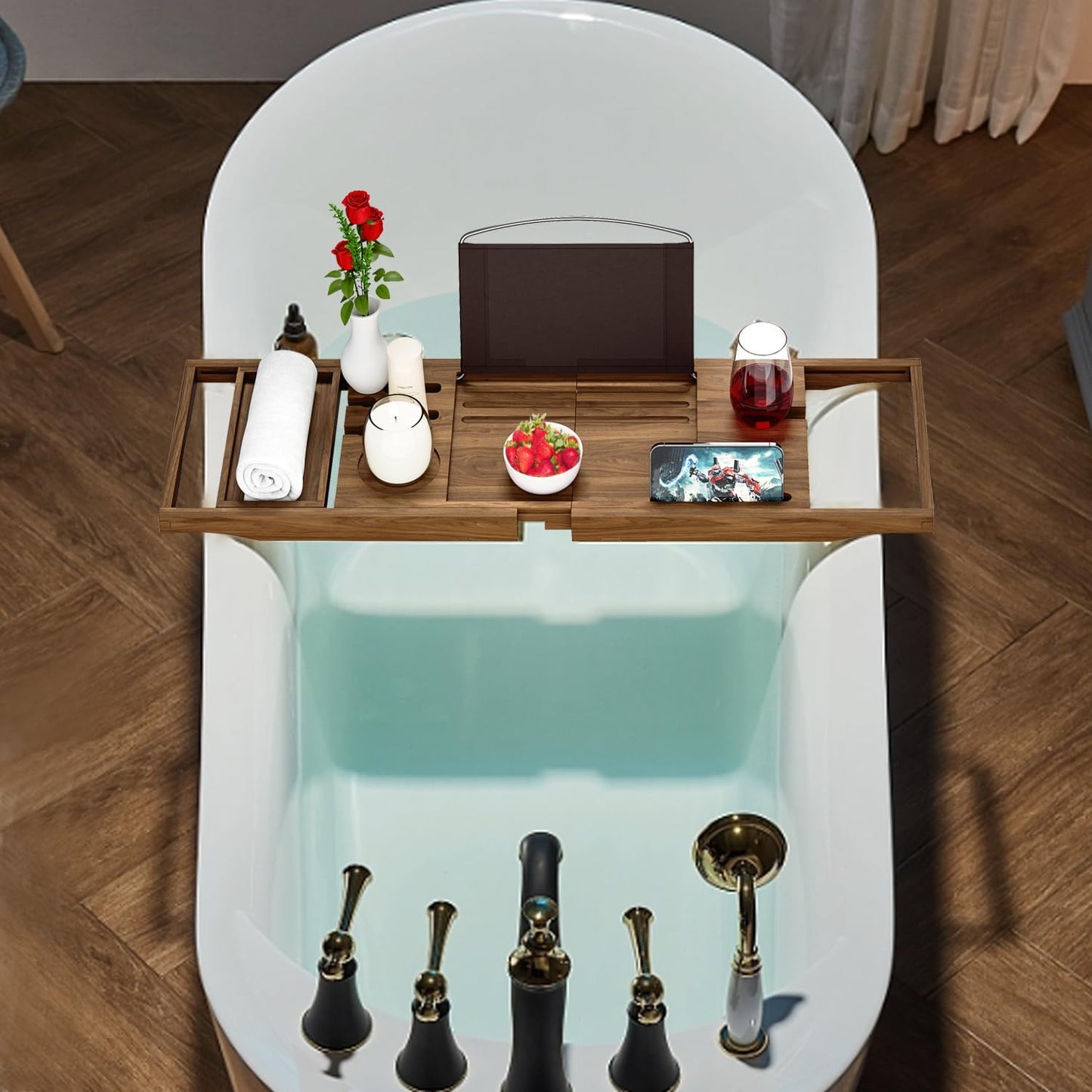 Premium Teak Bathtub Tray Caddy, Wooden Bath Caddy Trays for Bathtub, Bath Tub Wood Tray Table for Tub,Expandable Size, Fits Most Bath Tubs