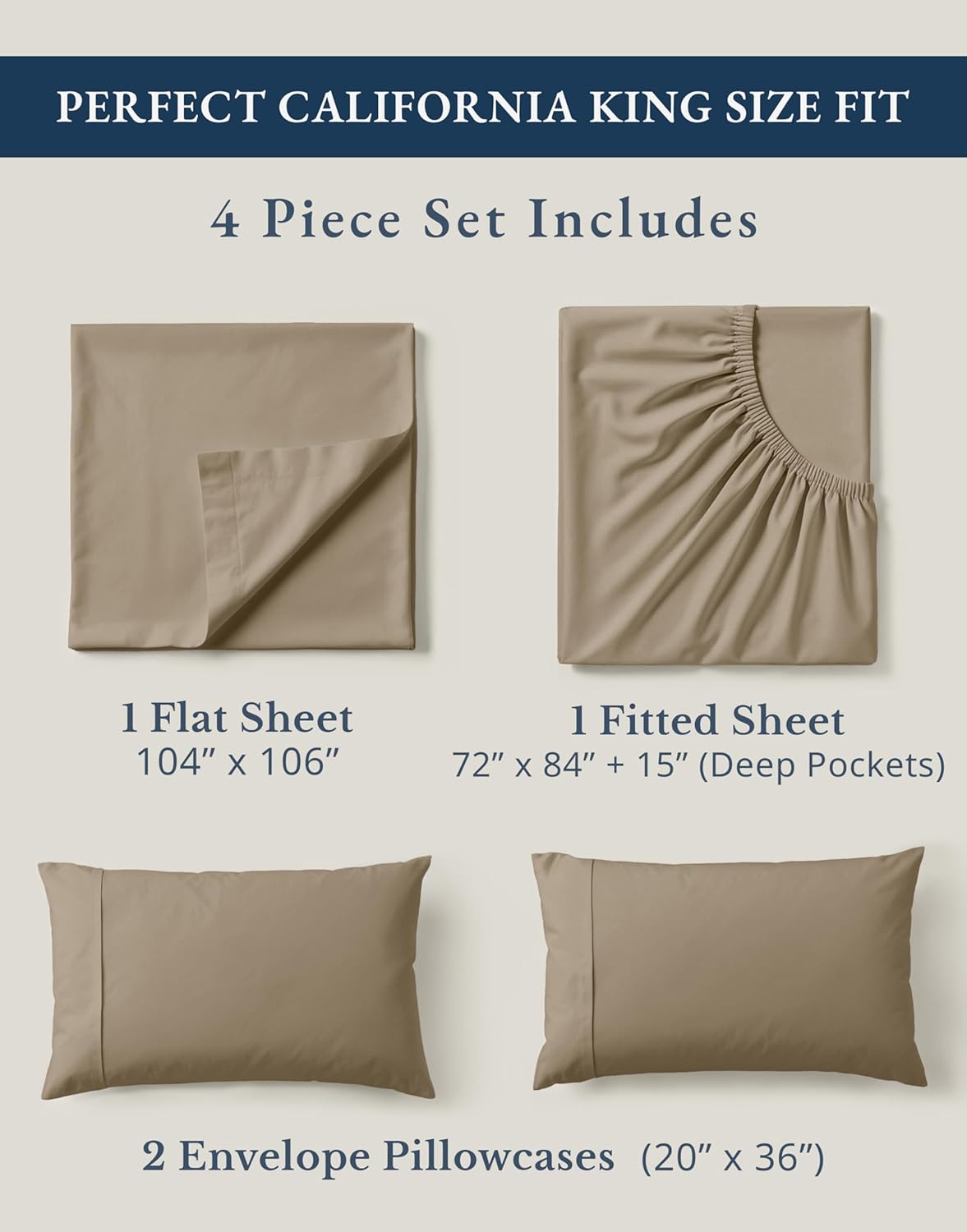 LANE LINEN 100% Organic Cotton California King Sheets Set, 4-Piece Organic Cotton Percale Weave Ultra Soft & Comfy Machine Washable Mercerized Bed Sheets, Fits Mattress Upto 15" Deep - Taupe